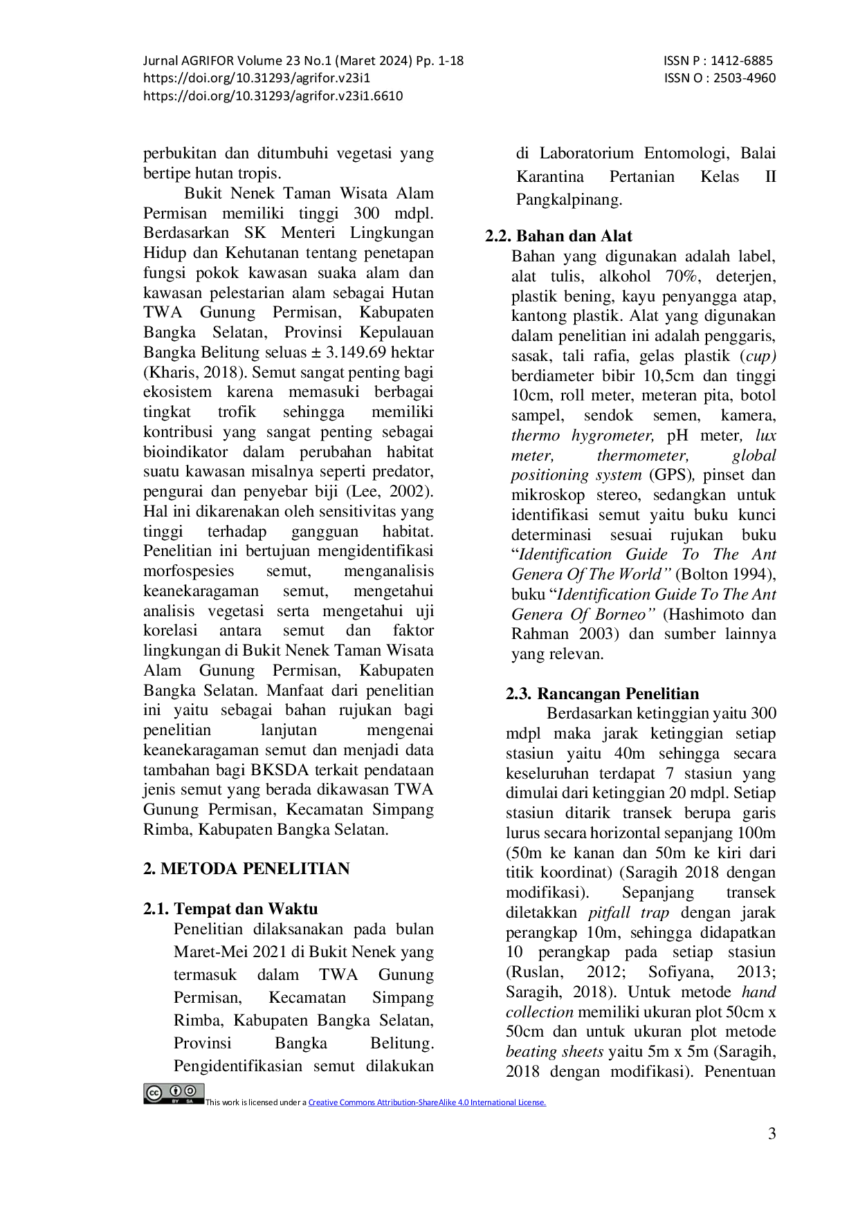 JURIS Keaneakaragaman Semut Hymenoptera Formicidae Di Bukit Nenek Taman Wisata Alam Gunung Permisan Bangka Selatan