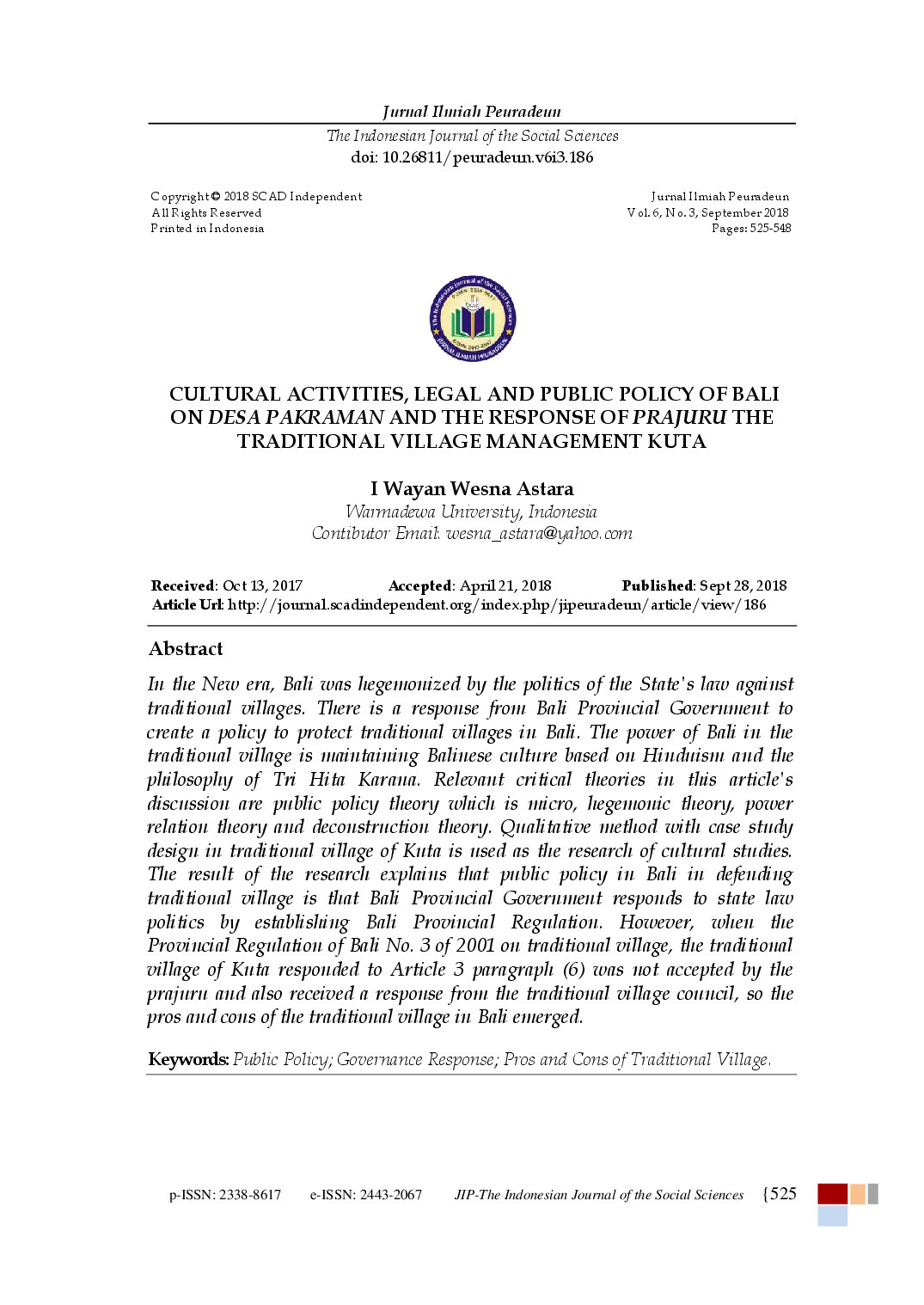 juris Cultural Activities Legal and Public Policy of Bali On Desa Pakraman and the Response of Prajuru the Traditional Village Management Kuta