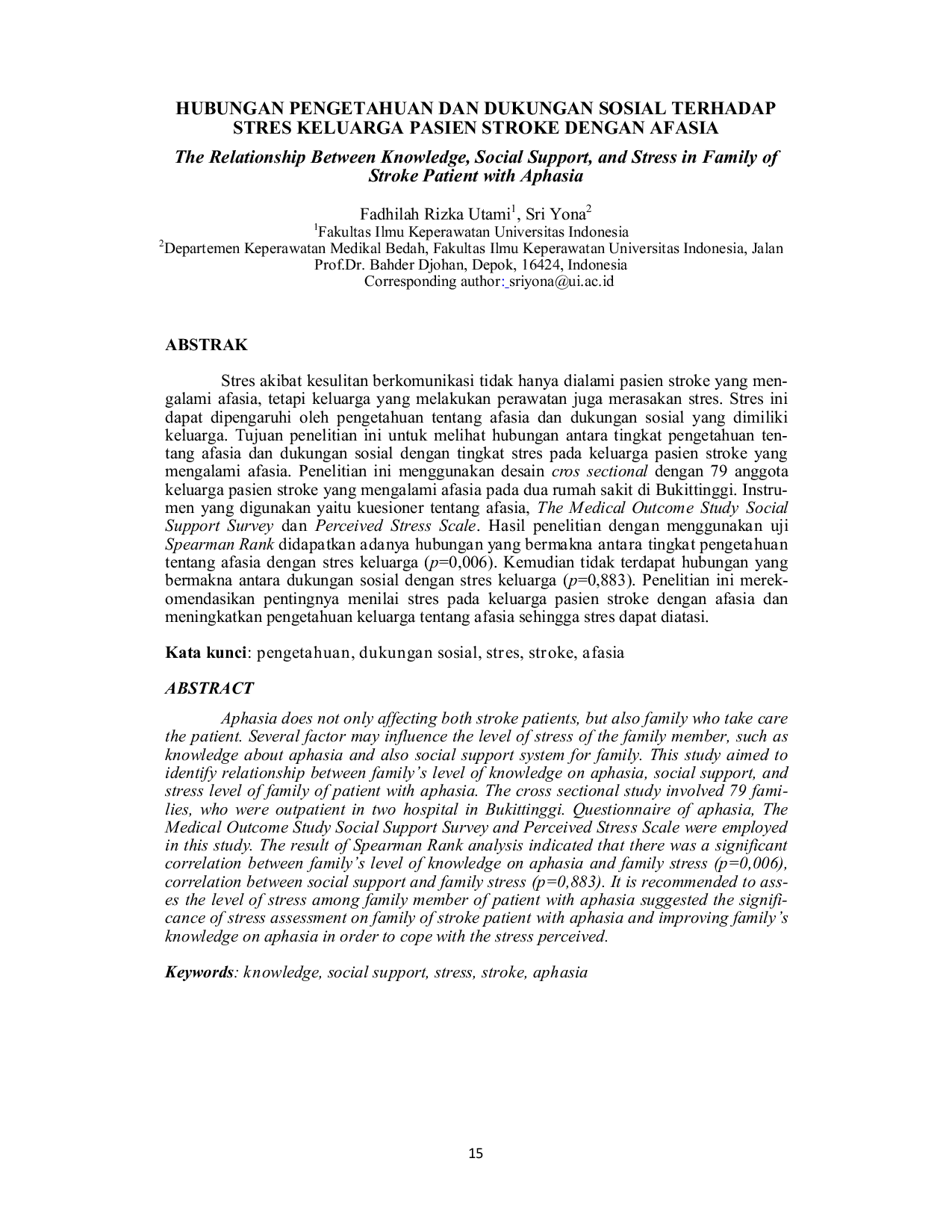 JURIS Hubungan Pengetahuan Dan Dukungan Sosial Terhadap Stres Keluarga Pasien Stroke Dengan Afasia