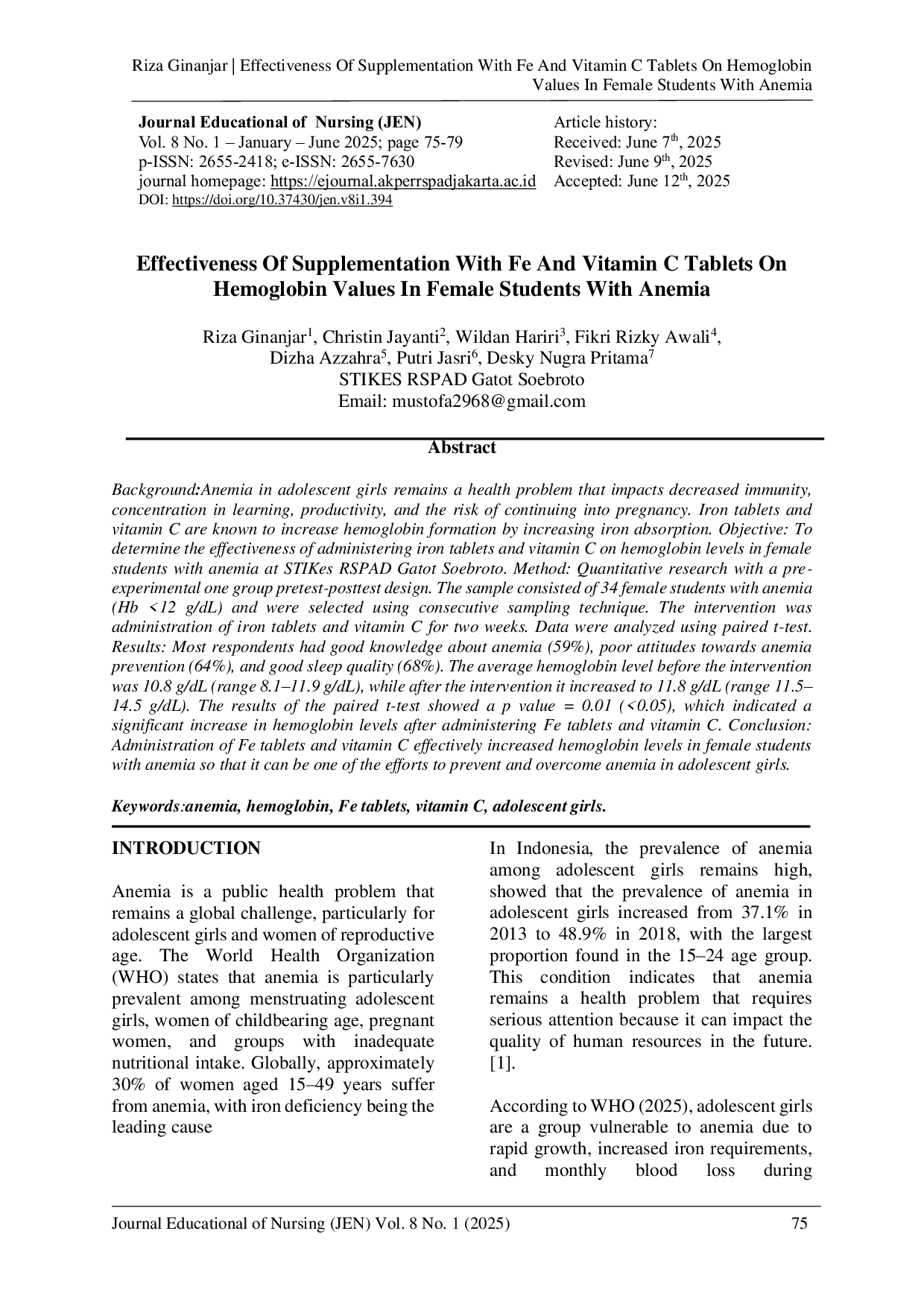 JURIS Effectiveness Of Supplementation With Fe And Vitamin C Tablets On Hemoglobin Values In Female Students With Anemia