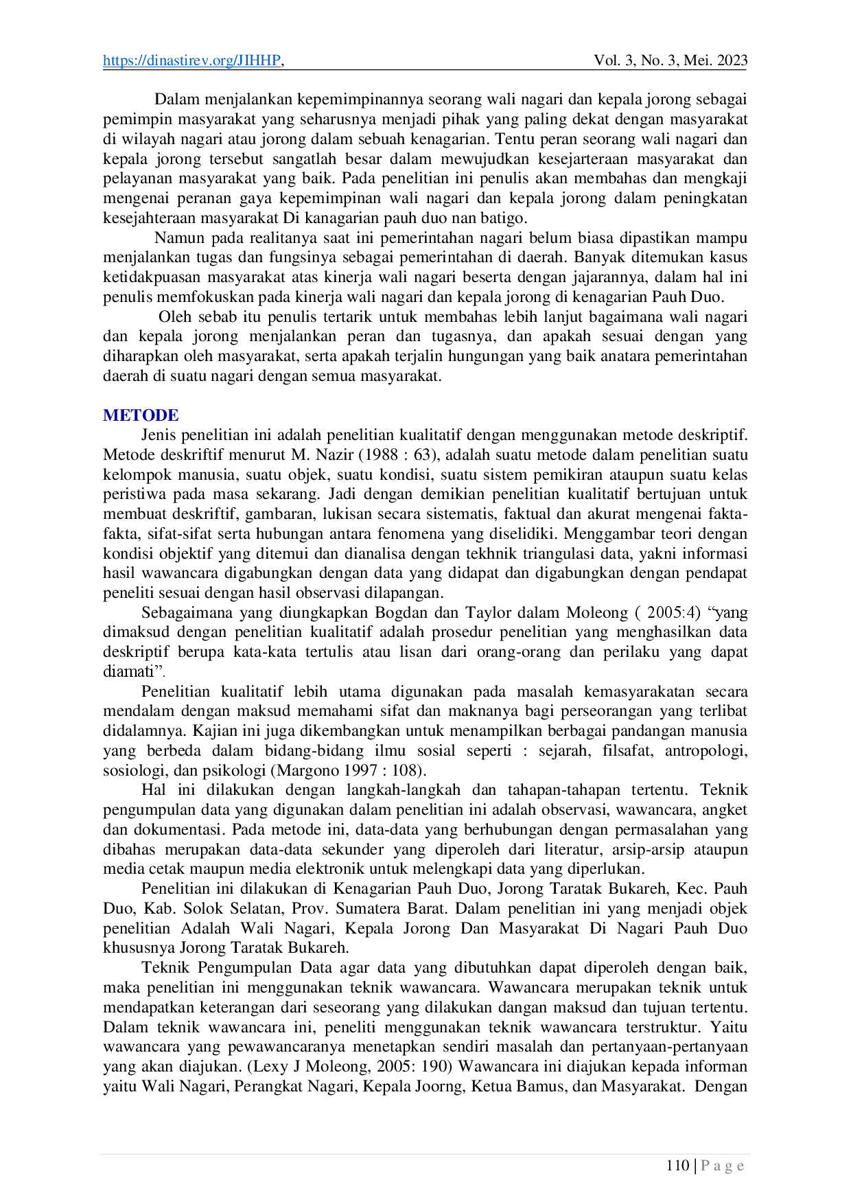 juris Peran Kepemimpinan Wali Nagari Terhadap Kesejahteraan Masyarakat di Kenagarian Pauh Duo Nan Batigo