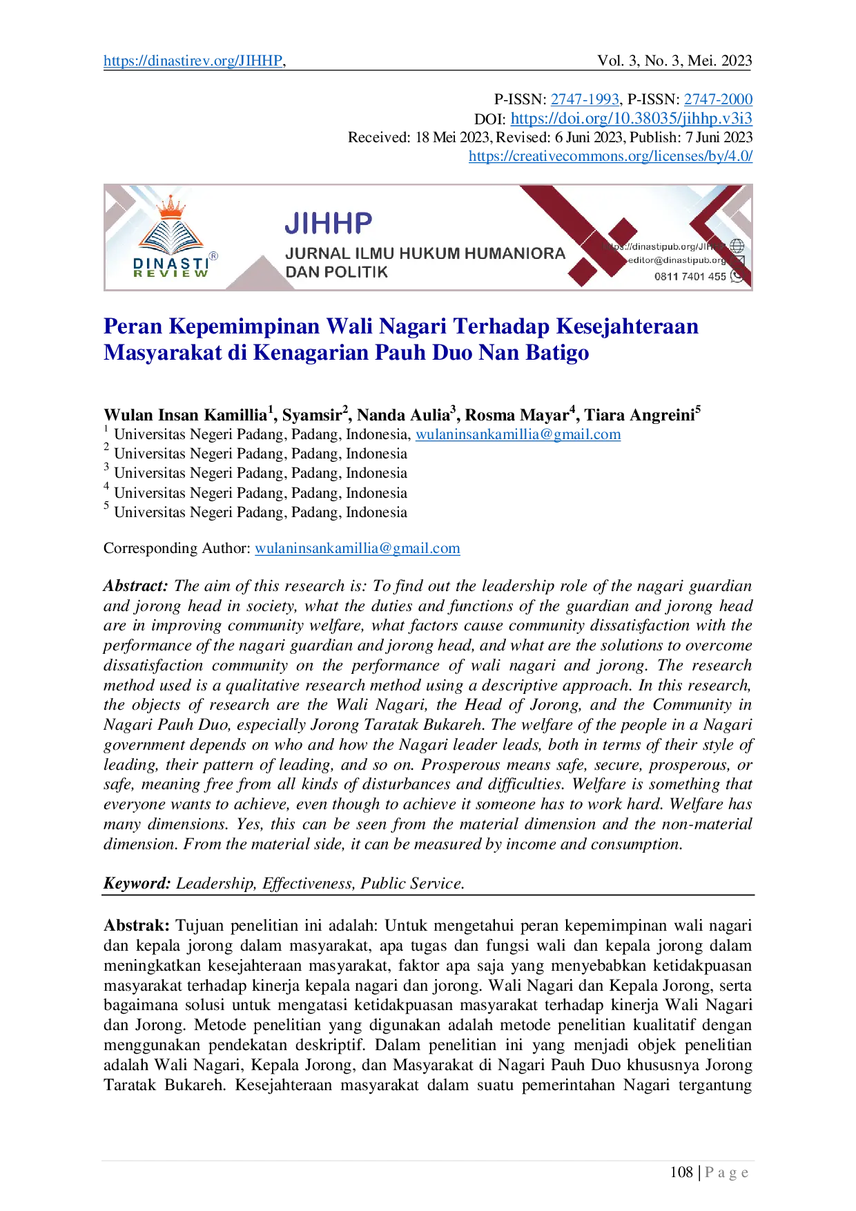 juris Peran Kepemimpinan Wali Nagari Terhadap Kesejahteraan Masyarakat di Kenagarian Pauh Duo Nan Batigo