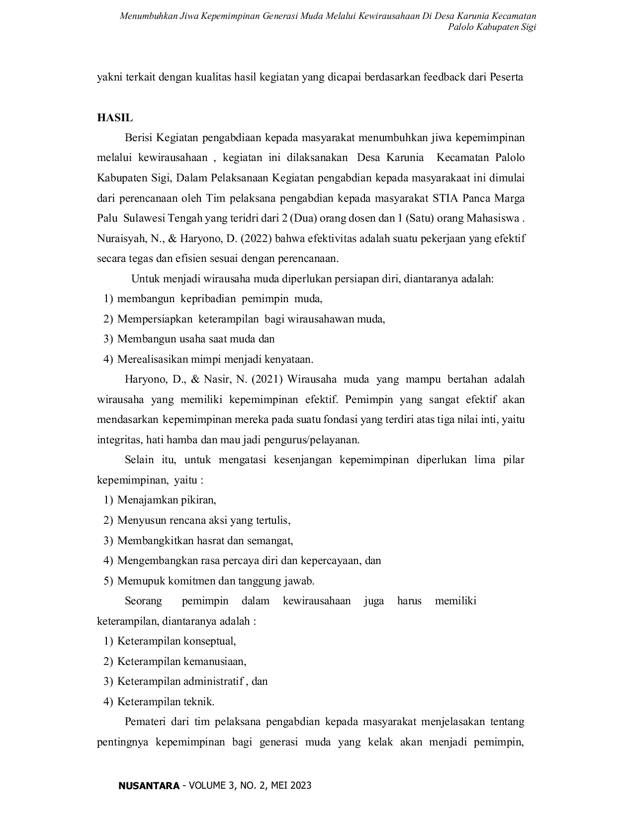 JURIS Menumbuhkan Jiwa Kepemimpinan Generasi Muda Melalui Kewirausahaan Di Desa Karunia Kecamatan Palolo Kabupaten Sigi