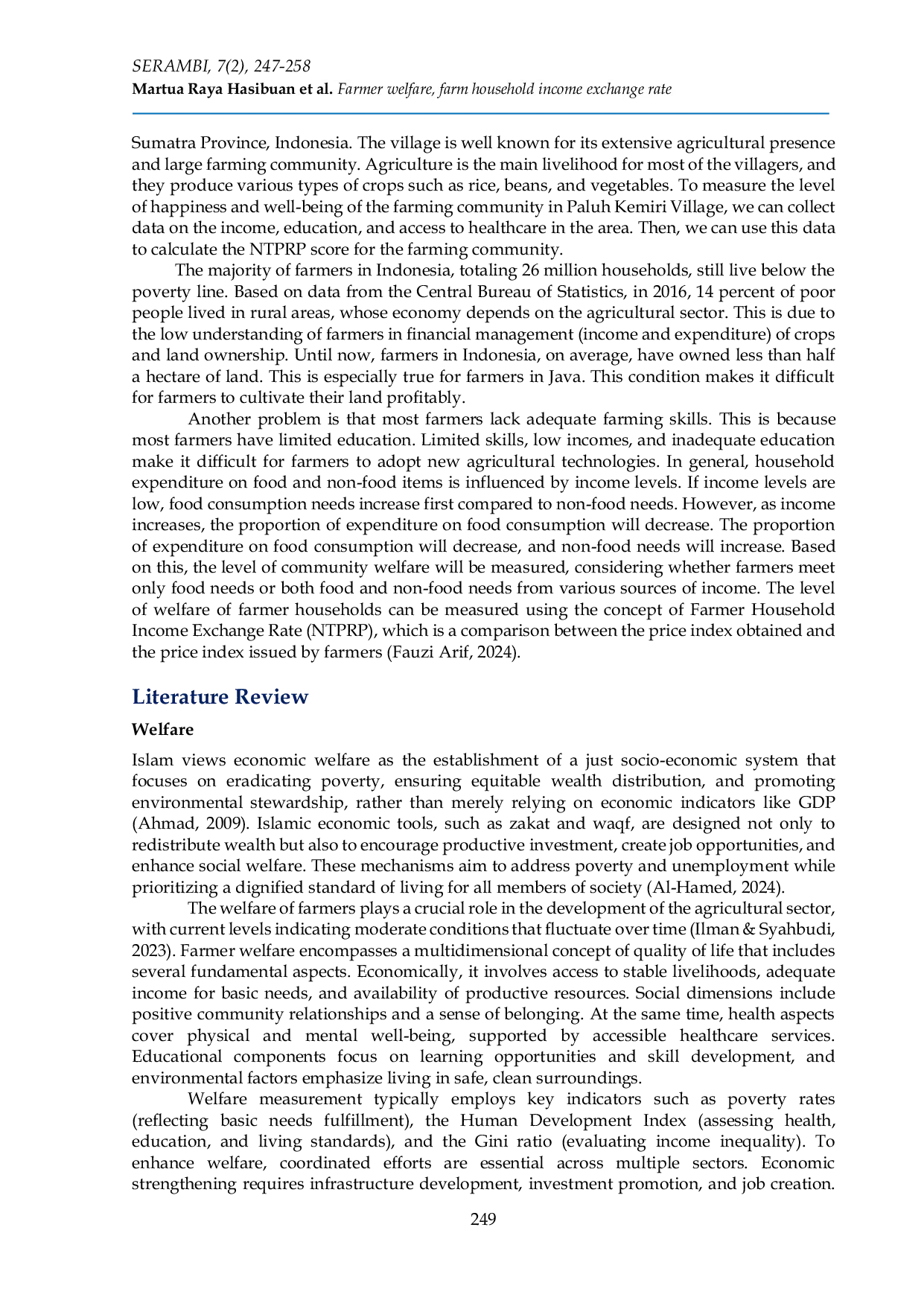 JURIS Analysis of farmer welfare levels in Paluh Kemiri Village using Farmer Household Income Exchange Rate parameters