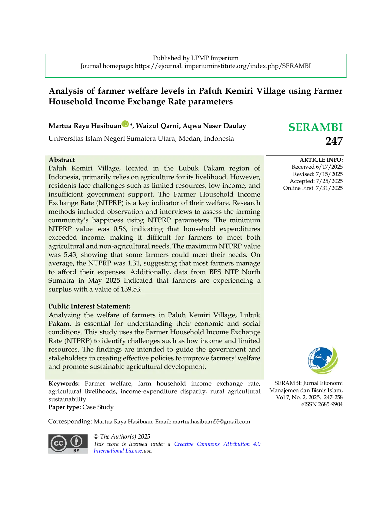 JURIS Analysis of farmer welfare levels in Paluh Kemiri Village using Farmer Household Income Exchange Rate parameters