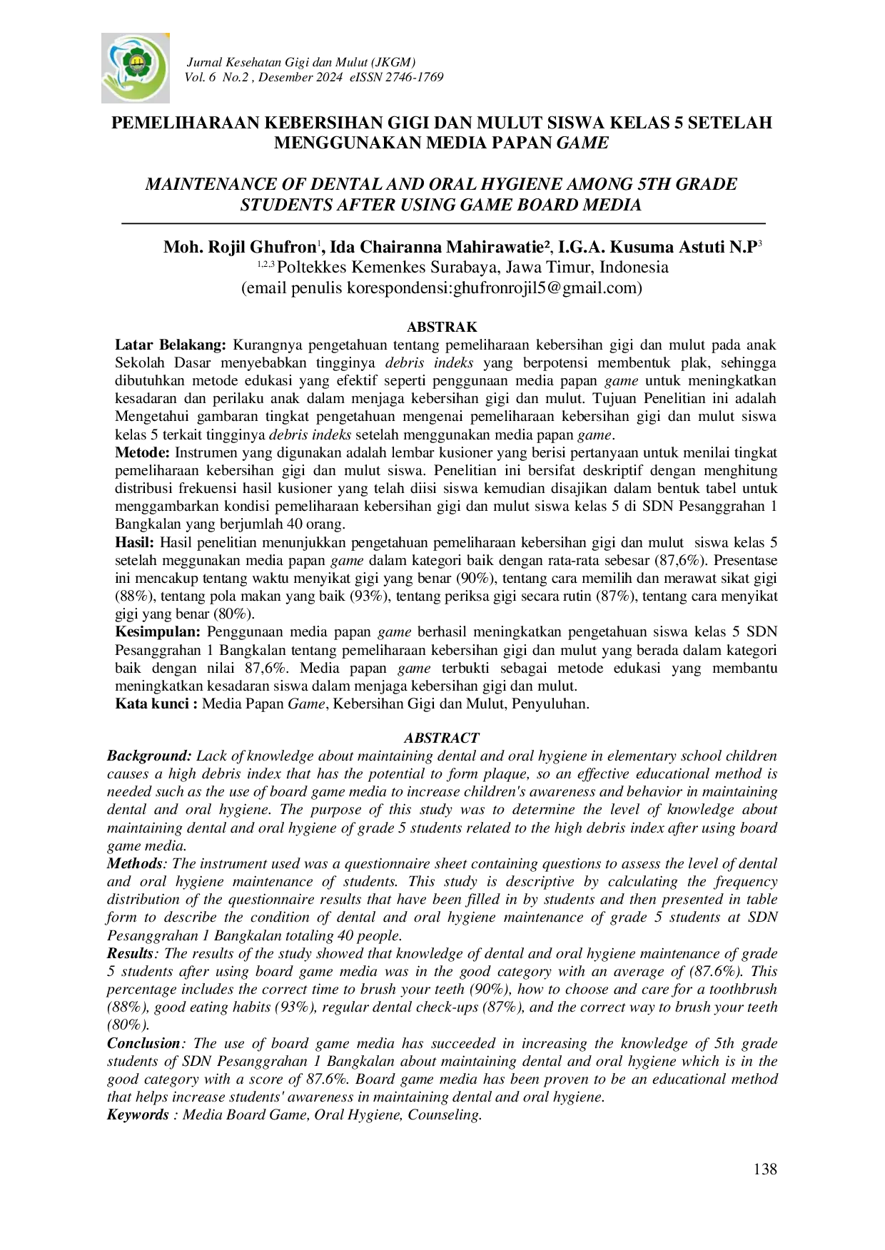 JURIS Pemeliharaan Kebersihan Gigi dan Mulut Siswa Kelas 5 Setelah Menggunakan Media Papan Game