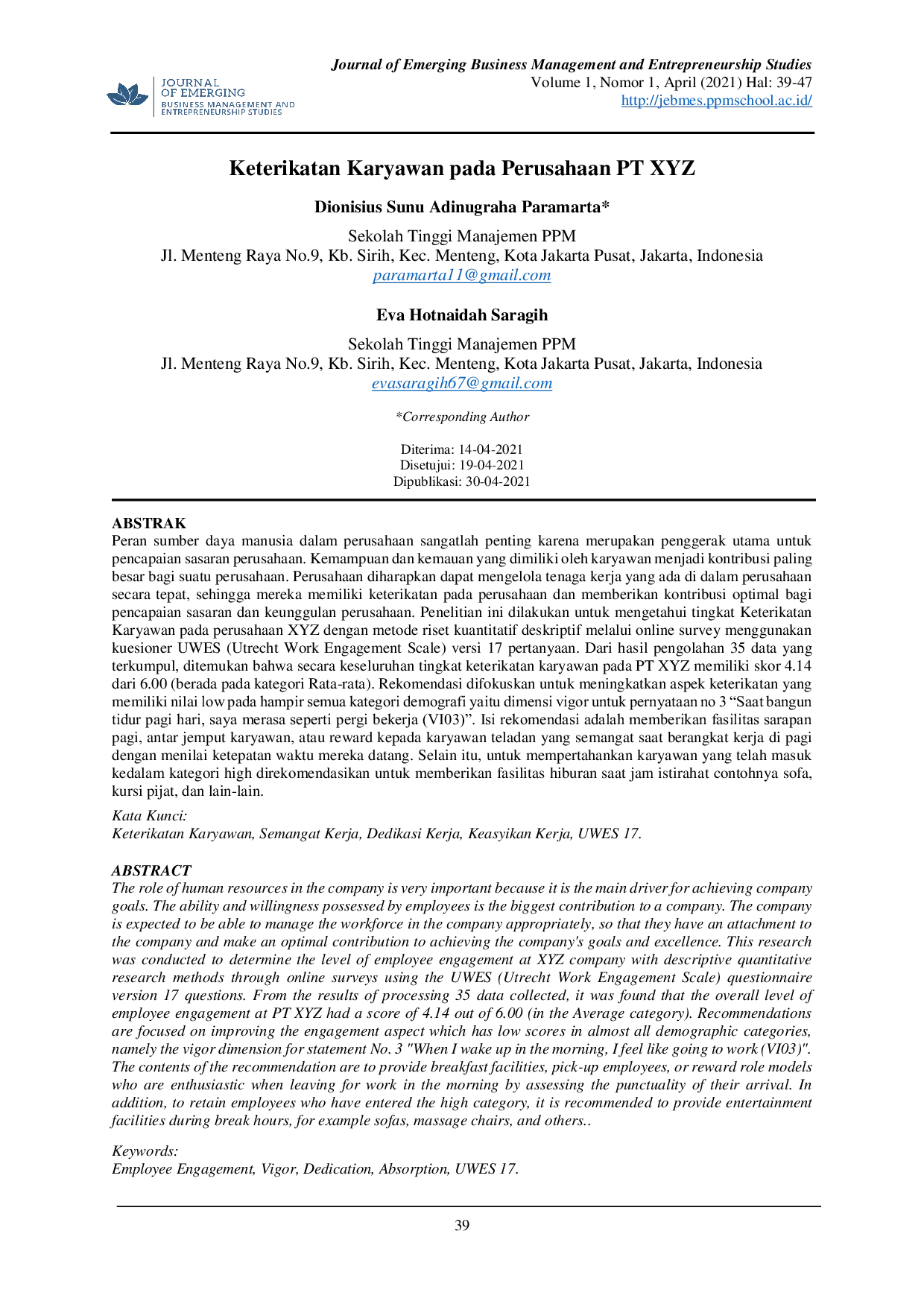 JURIS Keterikatan Karyawan pada Perusahaan PT XYZ