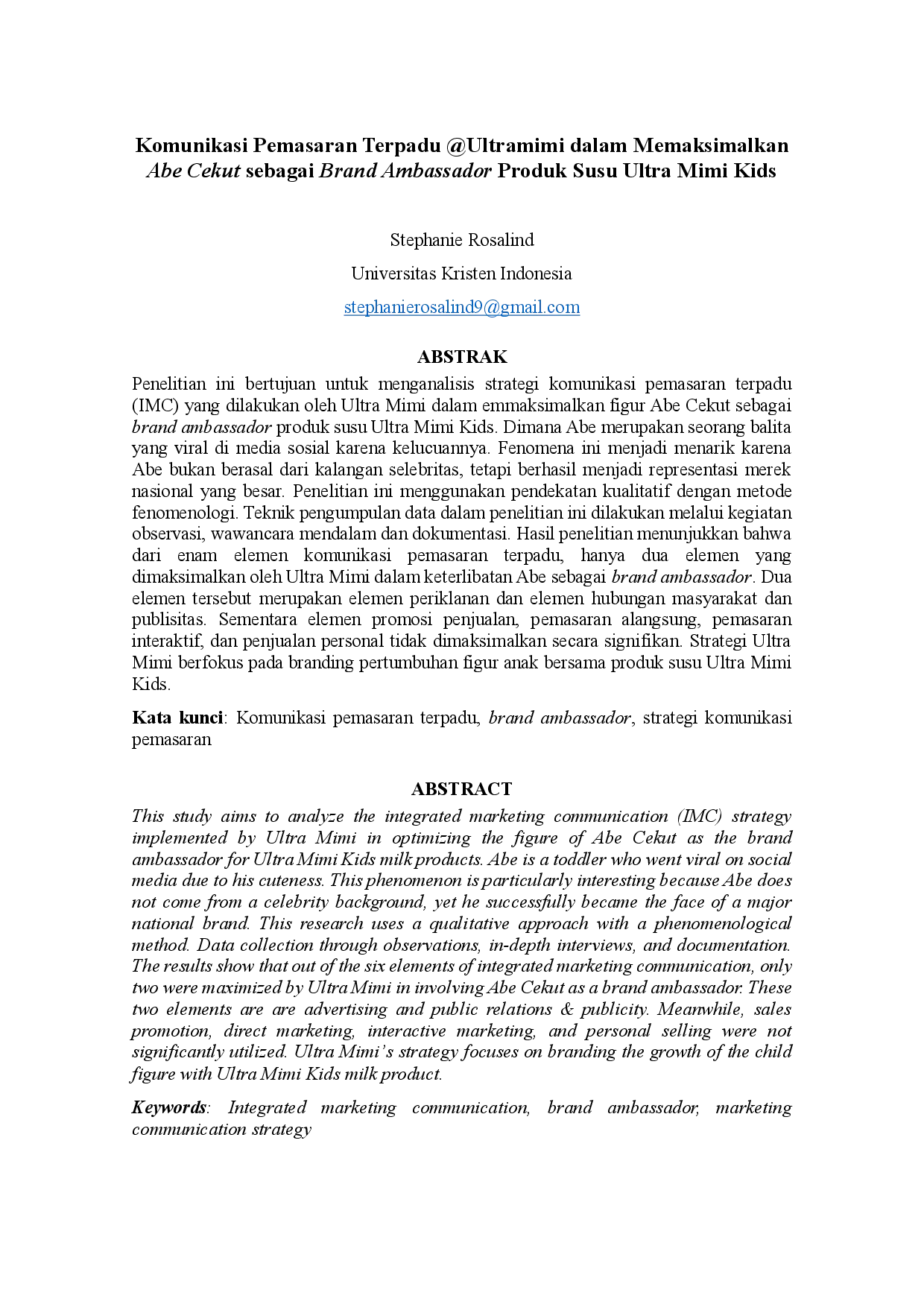 juris Komunikasi Pemasaran Terpadu Ultramimi dalam Memaksimalkan Abe Cekut sebagai Brand Ambassador Produk Susu Ultra Mimi Kids