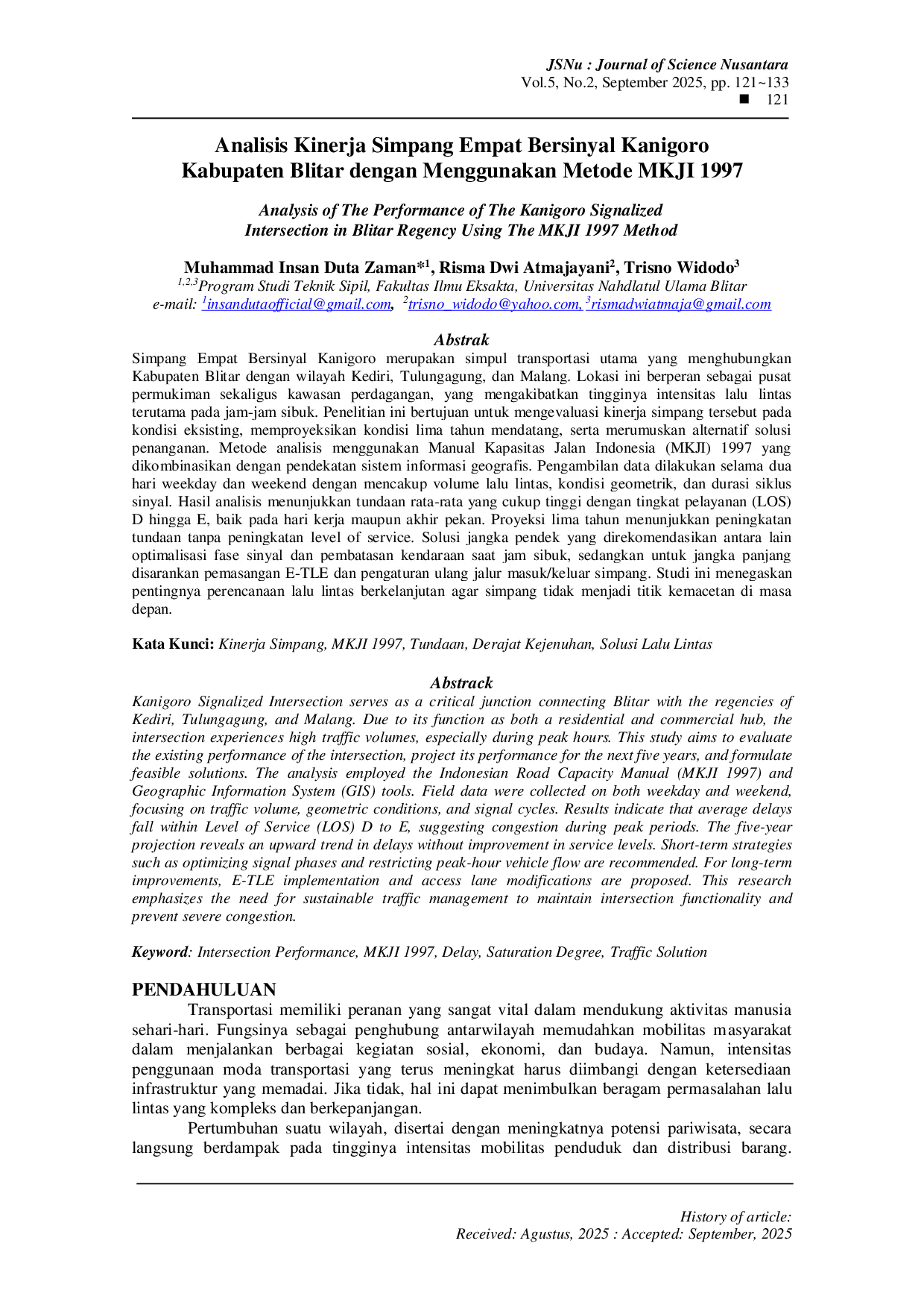 JURIS Analisis Kinerja Simpang Empat Bersinyal Kanigoro Kabupaten Blitar dengan Menggunakan Metode MKJI 1997