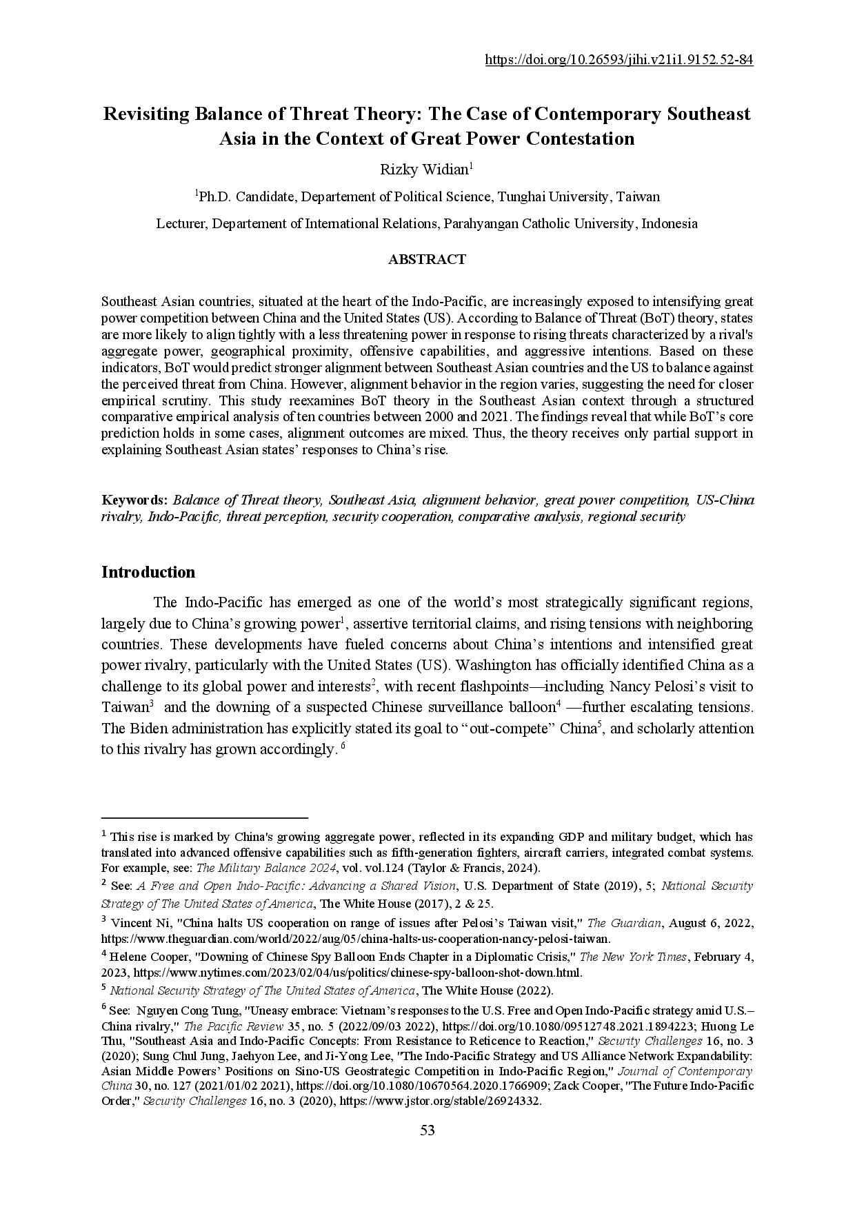 juris Revisiting Balance of Threat Theory The Case of Contemporary Southeast Asia in the Context of Great Power Contestation