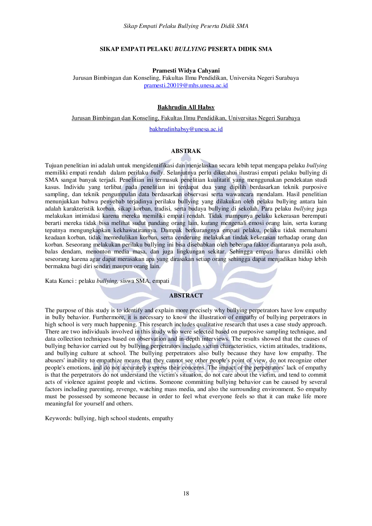 JURIS Sikap Empati Pelaku Bullying Peserta Didik SMA