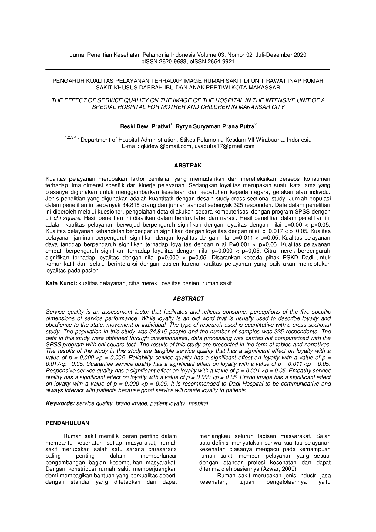 JURIS Pengaruh Kualitas Pelayanan Terhadap Image Rumah Sakit Di Unit Rawat Inap Rumah Sakit Khusus Daerah Ibu Dan Anak Pertawi Kota Makassar