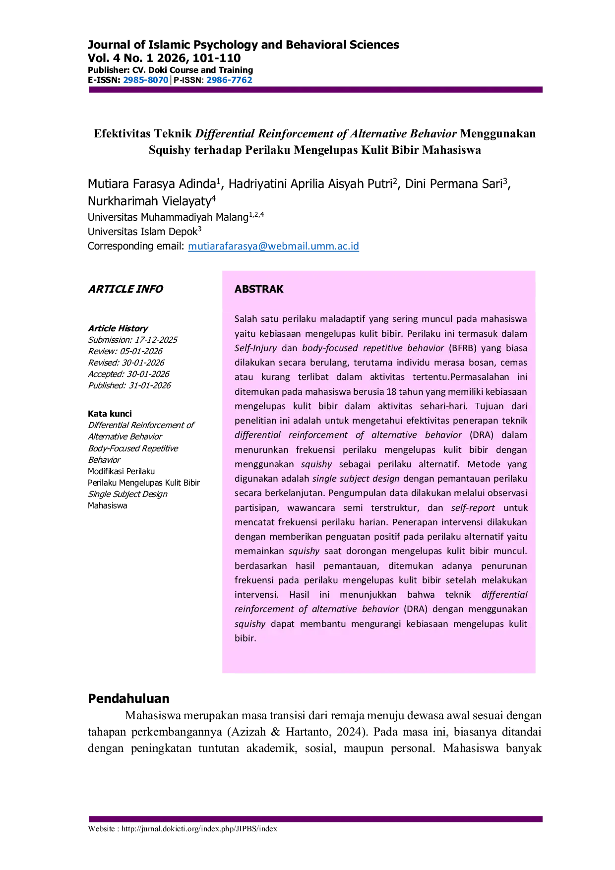 JURIS Efektivitas Teknik Differential Reinforcement of Alternative Behavior Menggunakan Squishy terhadap Perilaku Mengelupas Kulit Bibir Mahasiswa