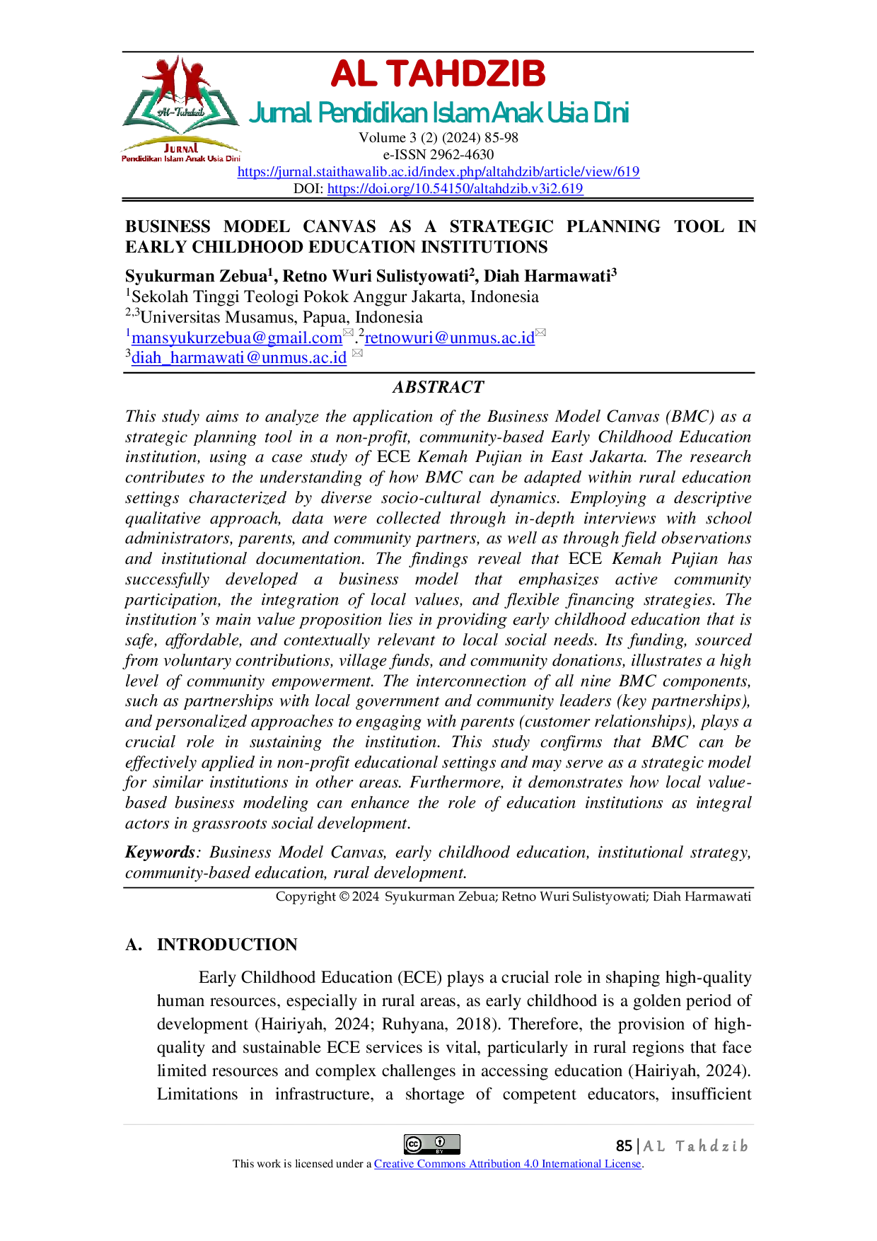 JURIS Business Model Canvas as a Strategic Planning Tool in Early Childhood Education Institutions