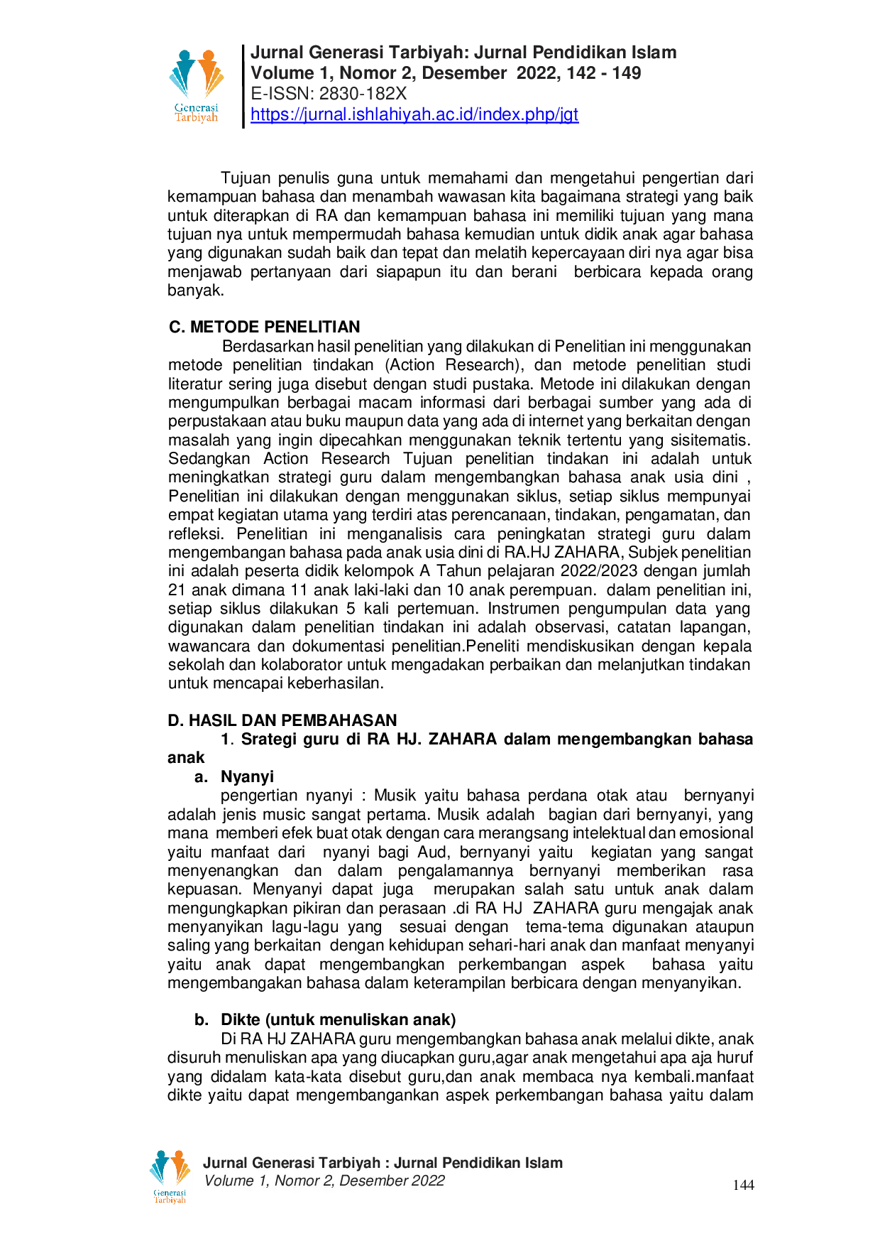 JURIS Strategi Guru Dalam Mengembangkan Bahasa Anak di RA Hj Zahara