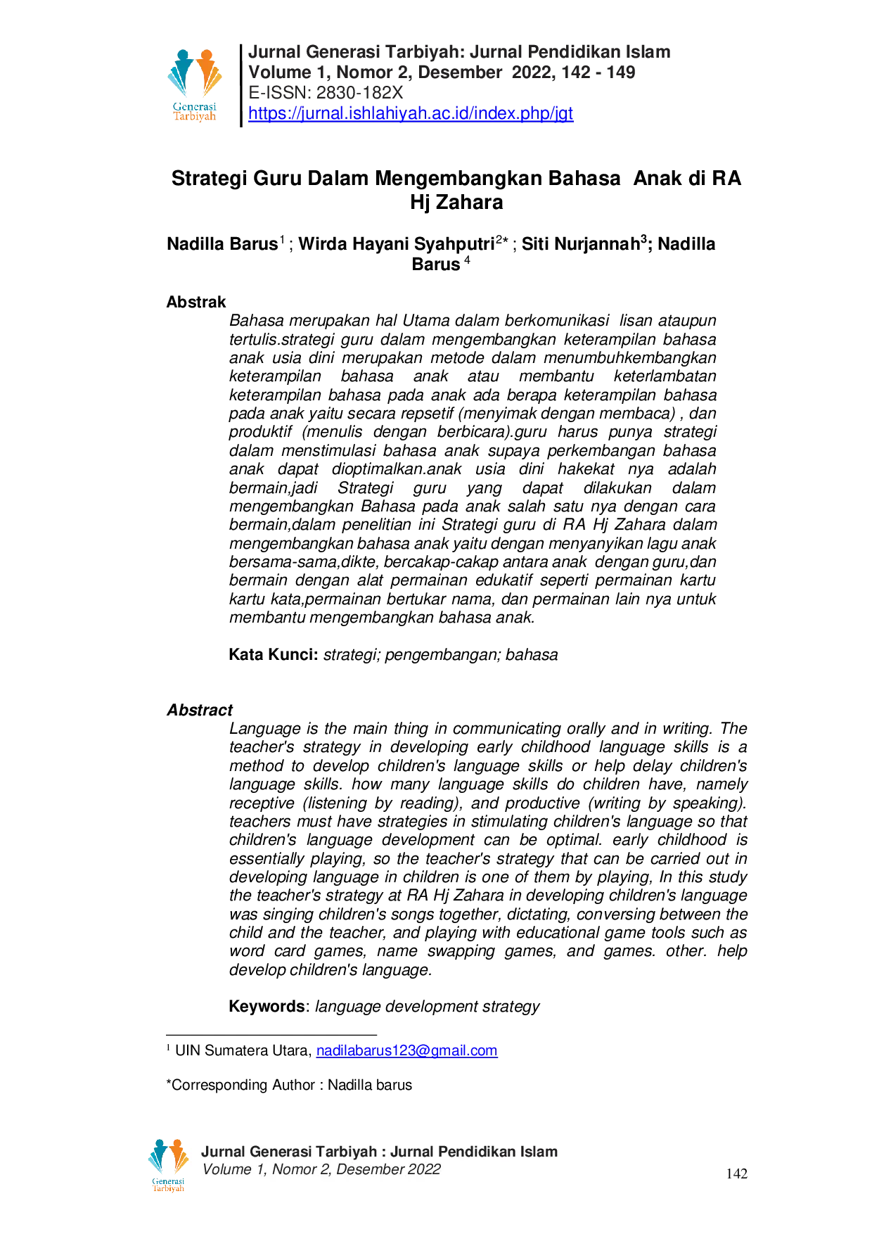 JURIS Strategi Guru Dalam Mengembangkan Bahasa Anak di RA Hj Zahara