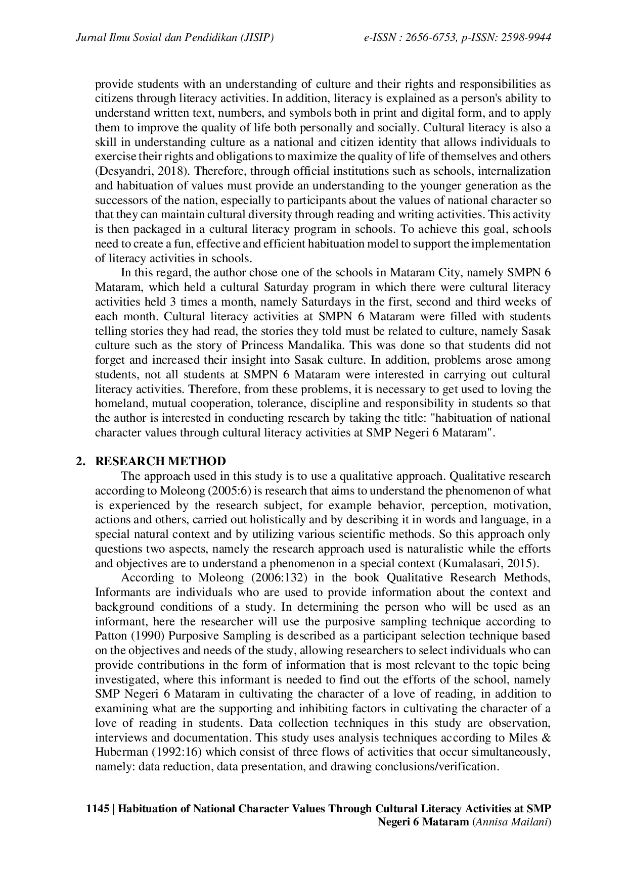 JURIS Habituation of National Character Values Through Cultural Literacy Activities at SMP Negeri 6 Mataram