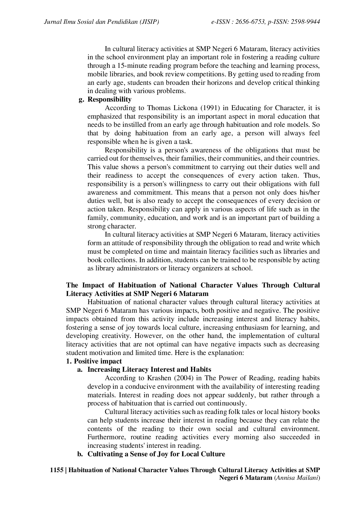 JURIS Habituation of National Character Values Through Cultural Literacy Activities at SMP Negeri 6 Mataram