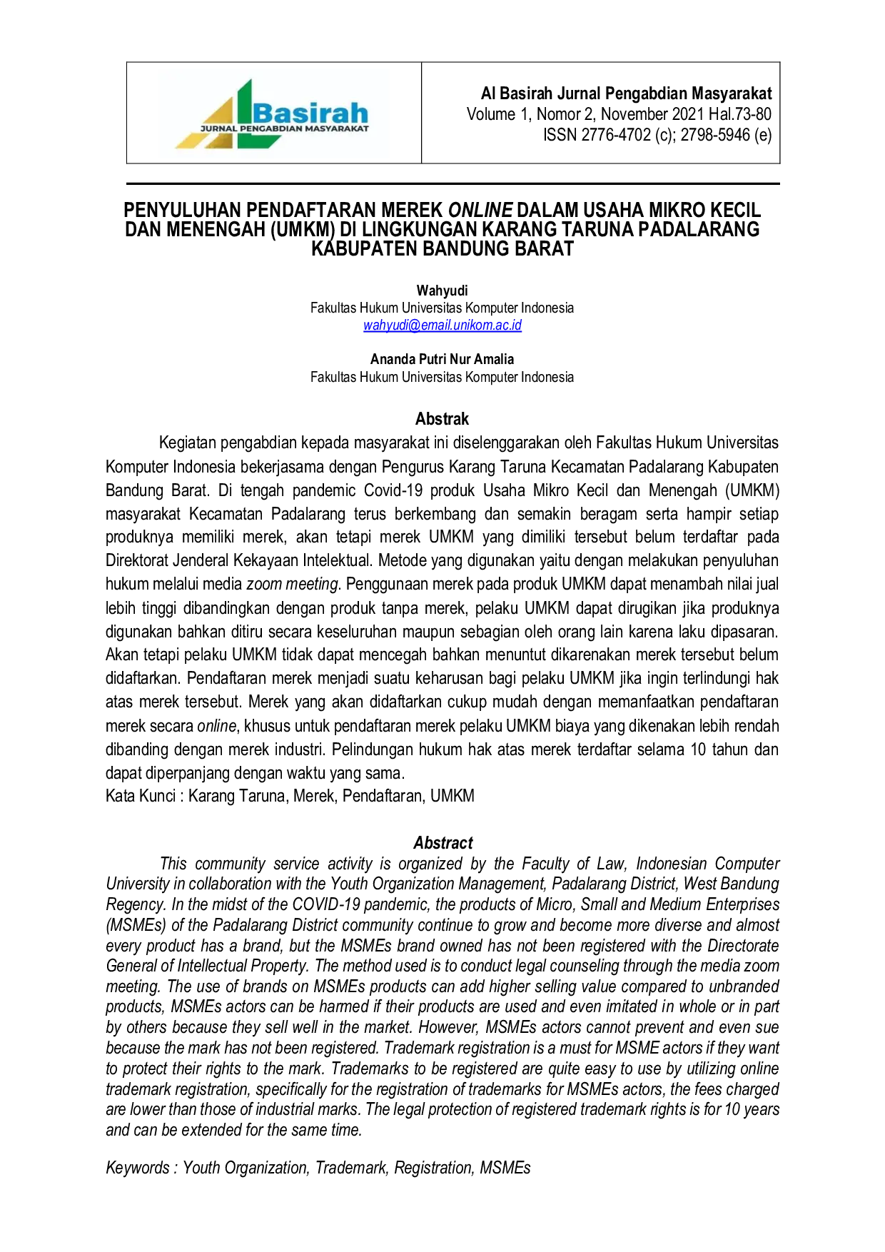 JURIS Penyuluhan Pendaftaran Merek Online dalam Usaha Mikro Kecil dan Menengah UMKM di Lingkungan Karang Taruna Padalarang Kabupaten Bandung Barat