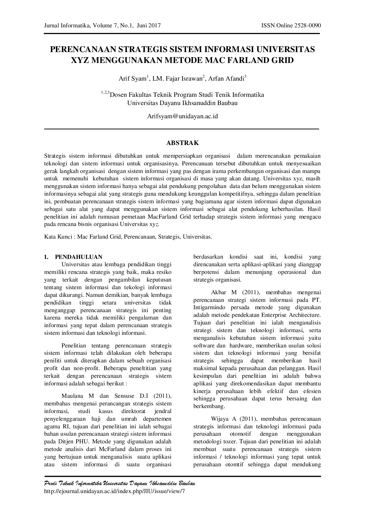 juris Perencanaan Strategis Sistem Informasi Universitas Xyz Menggunakan Metode Mac Farland Grid