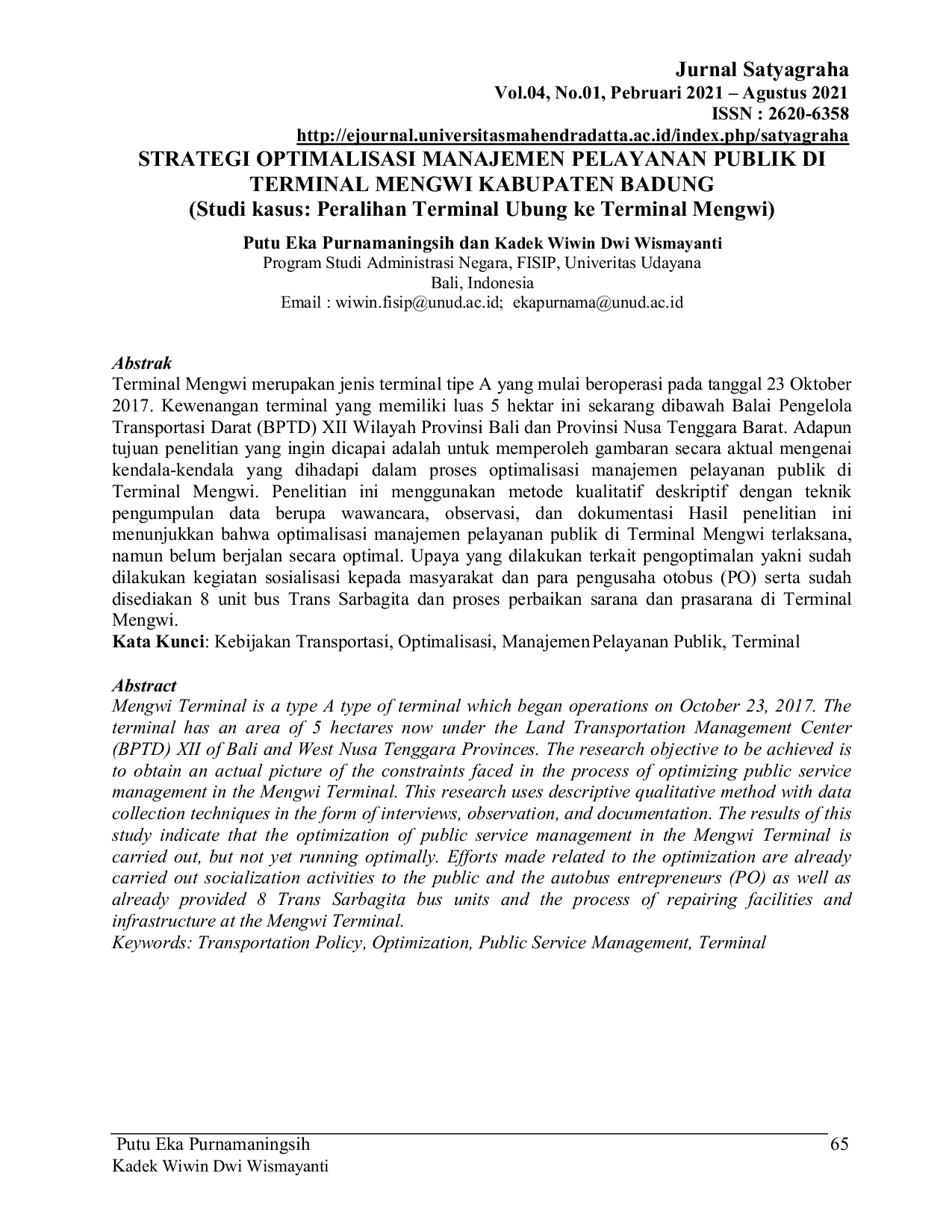JURIS Strategi Optimalisasi Manajemen Pelayanan Publik Di Terminal Mengwi Kabupaten Badung