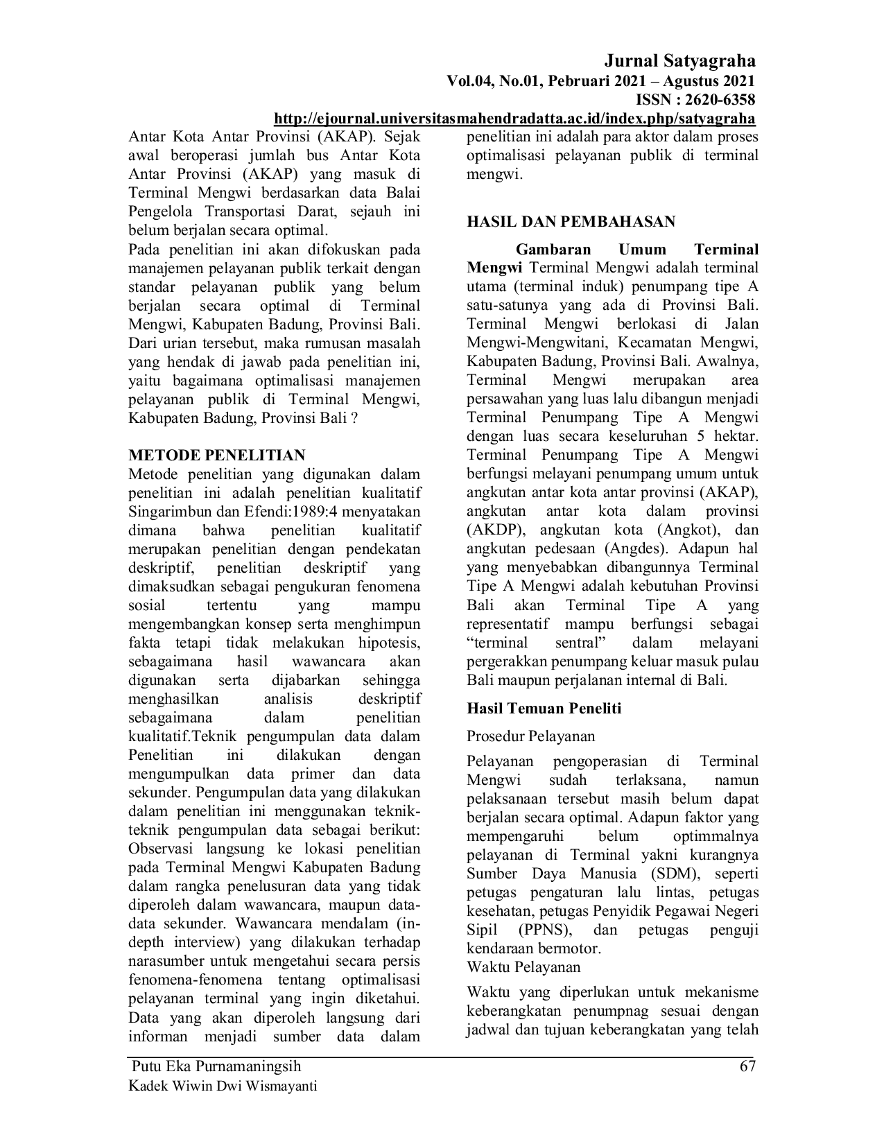 JURIS Strategi Optimalisasi Manajemen Pelayanan Publik Di Terminal Mengwi Kabupaten Badung