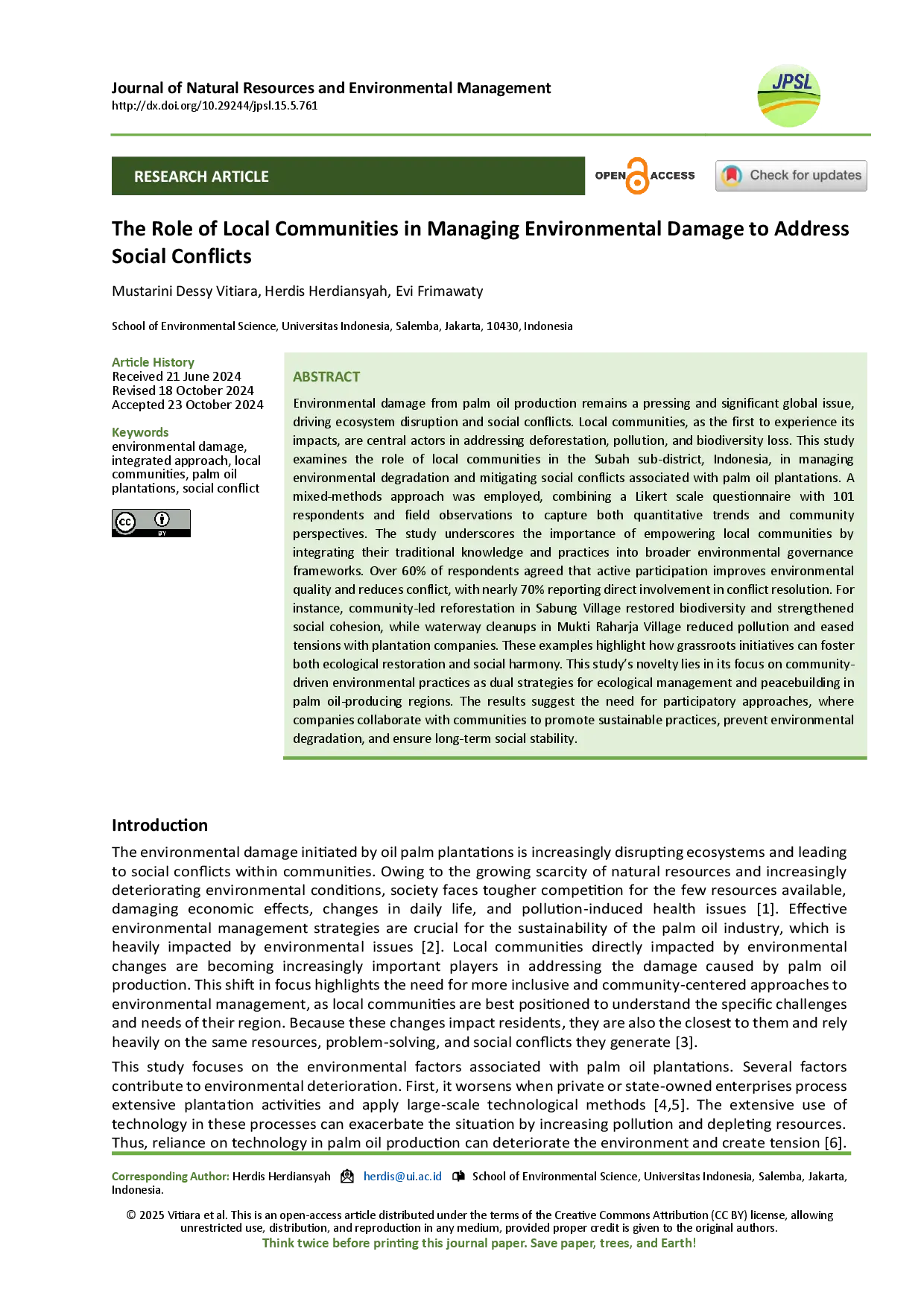 juris Peran Masyarakat Lokal dalam Mengelola Kerusakan Lingkungan untuk Mengatasi Konflik Sosial