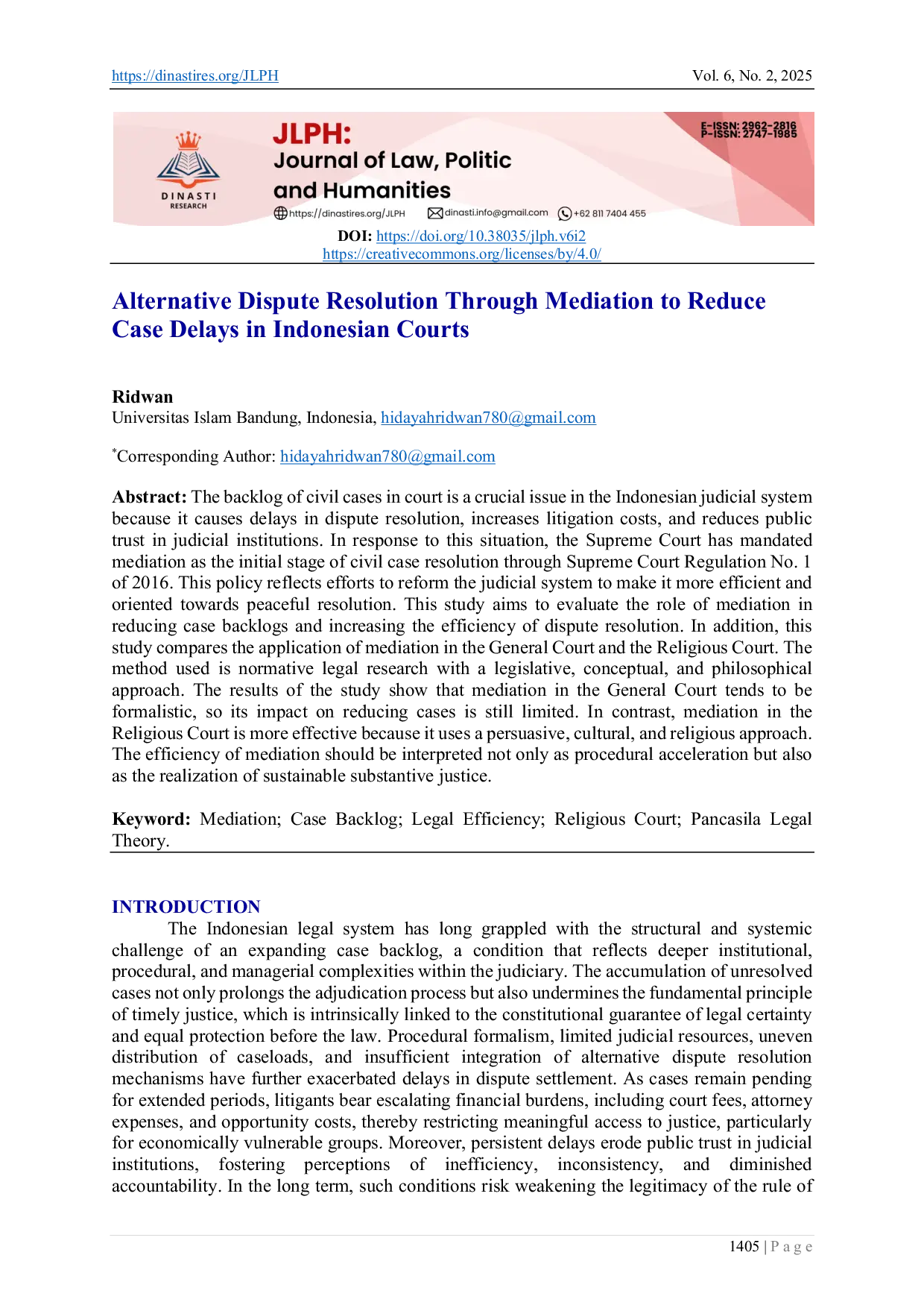 JURIS Alternative Dispute Resolution Through Mediation to Reduce Case Delays in Indonesian Courts