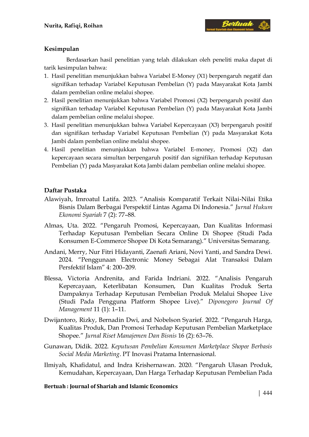 JURIS Pengaruh Ketersediaan E Money Promosi dan Kepercayaan Terhadap Keputusan Pembelian Produk di Shopee pada Masyarakat Kota Jambi Menurut Perspektif Ekonomi Islam