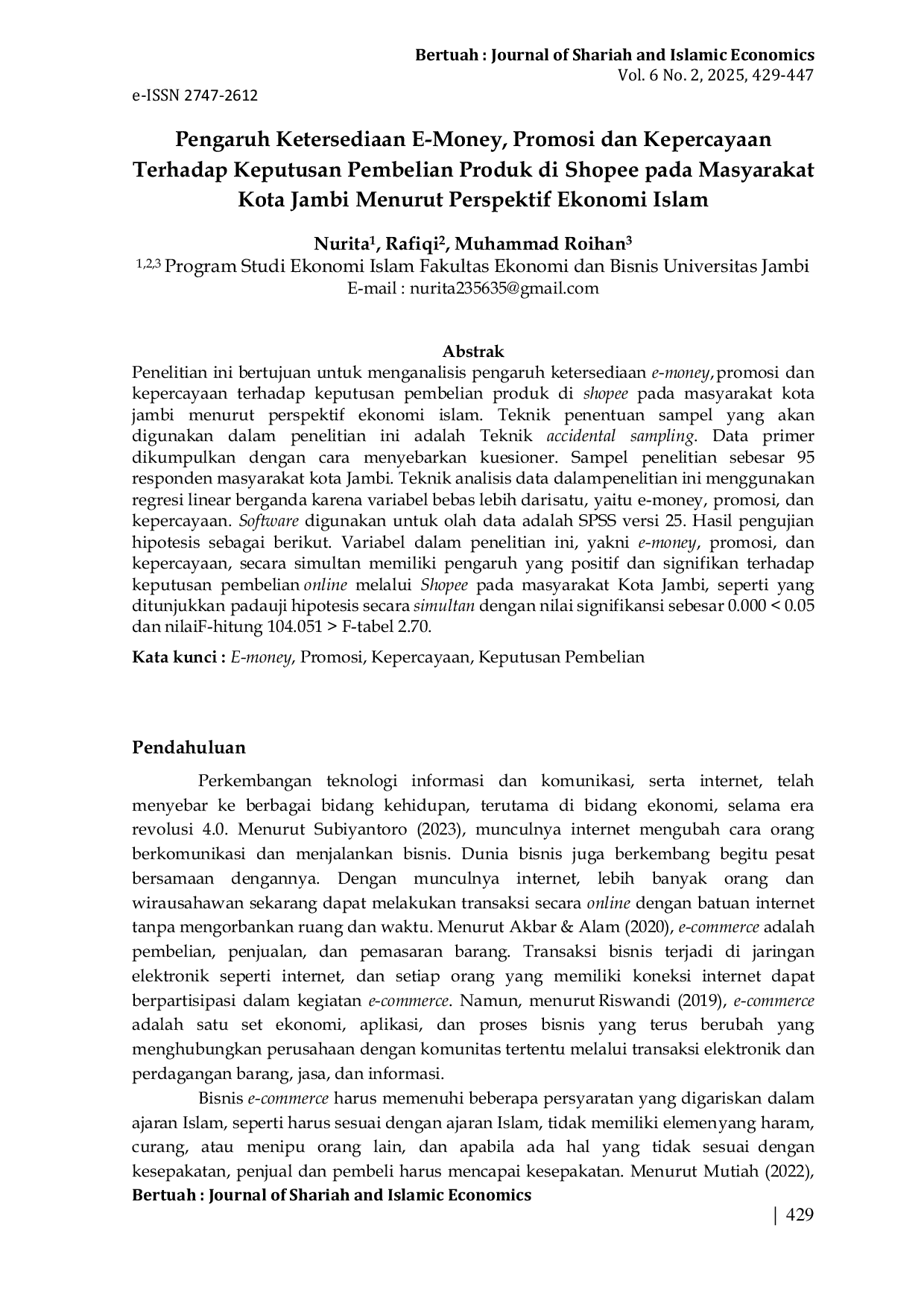 JURIS Pengaruh Ketersediaan E Money Promosi dan Kepercayaan Terhadap Keputusan Pembelian Produk di Shopee pada Masyarakat Kota Jambi Menurut Perspektif Ekonomi Islam