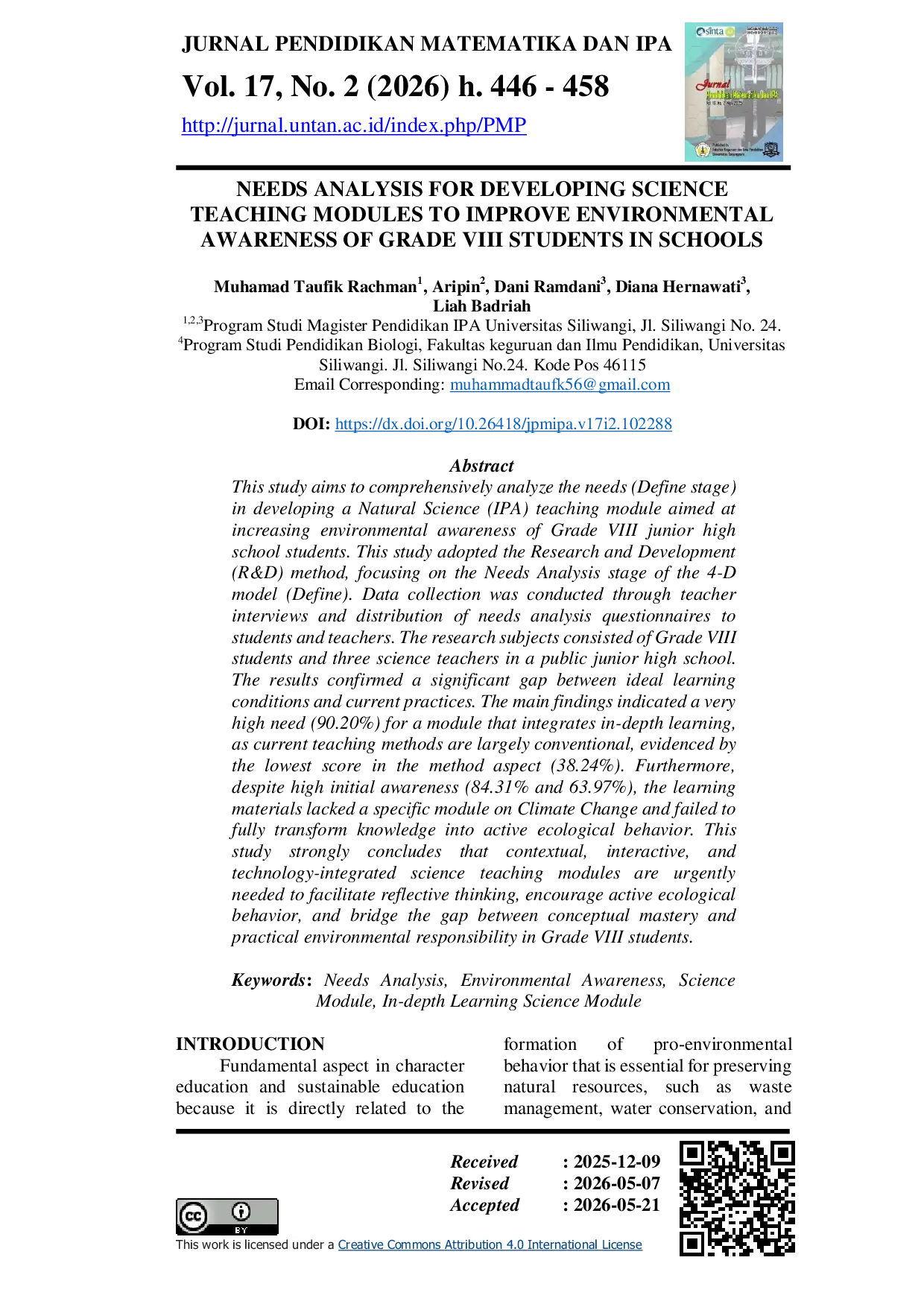 JURIS Needs Analysis for Developing Science Teaching Modules to Improve Environmental Awareness of Grade VIII Students in Schools