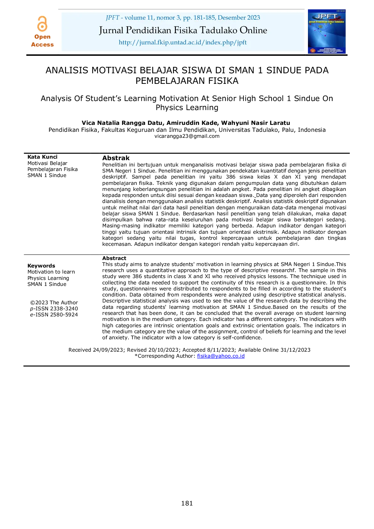 JURIS Analisis Motivasi Belajar Siswa Di SMAN 1 Sindue Pada Pembelajaran Fisika
