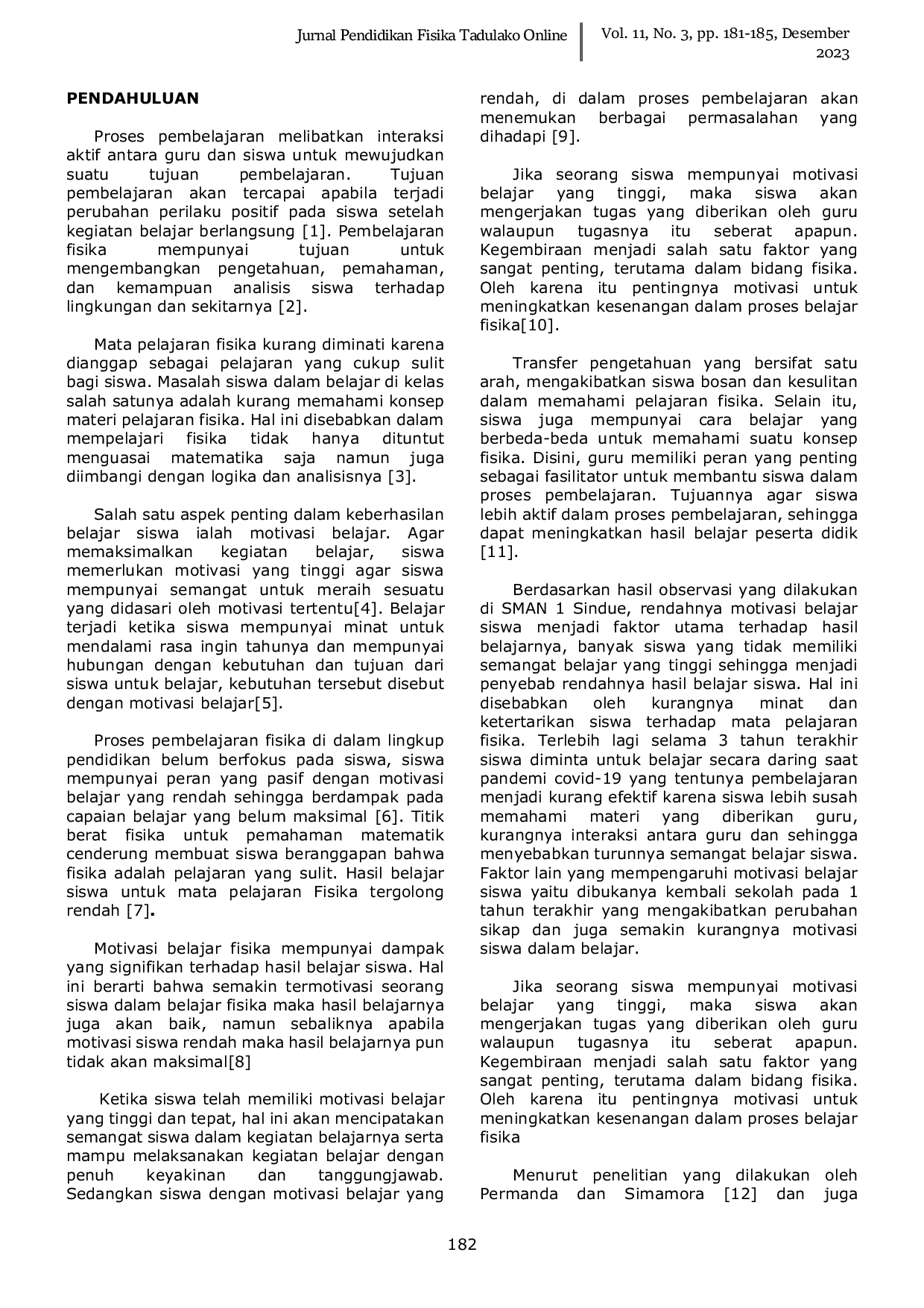 JURIS Analisis Motivasi Belajar Siswa Di SMAN 1 Sindue Pada Pembelajaran Fisika