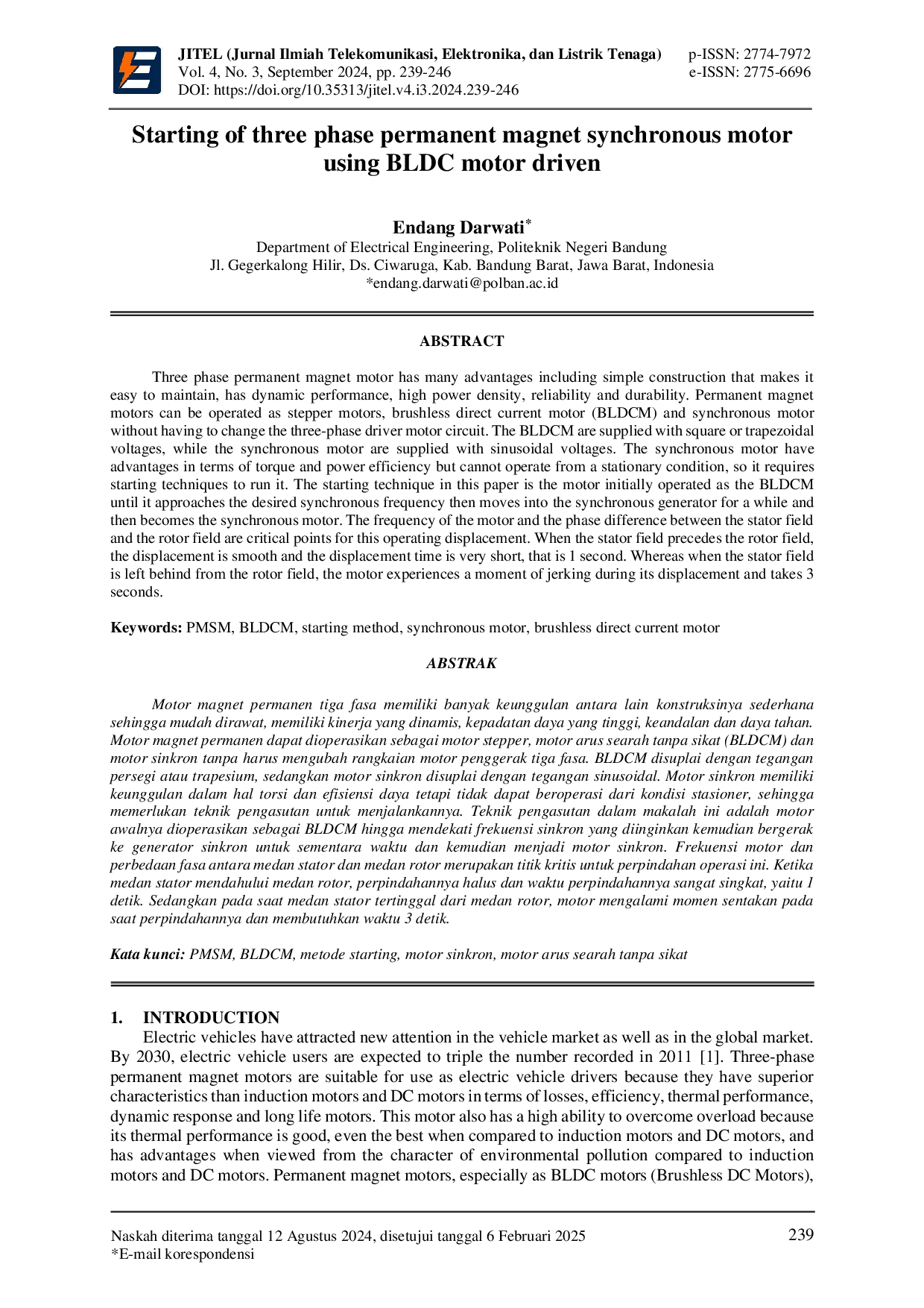 JURIS Starting of three phase permanent magnet synchronous motor using BLDC motor driven