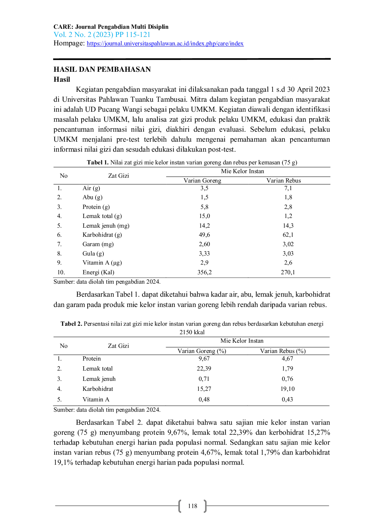 JURIS Pendampingan Pelaku UMKM Dalam Pencantuman Informasi Nilai Gizi Mie Kelor Instan