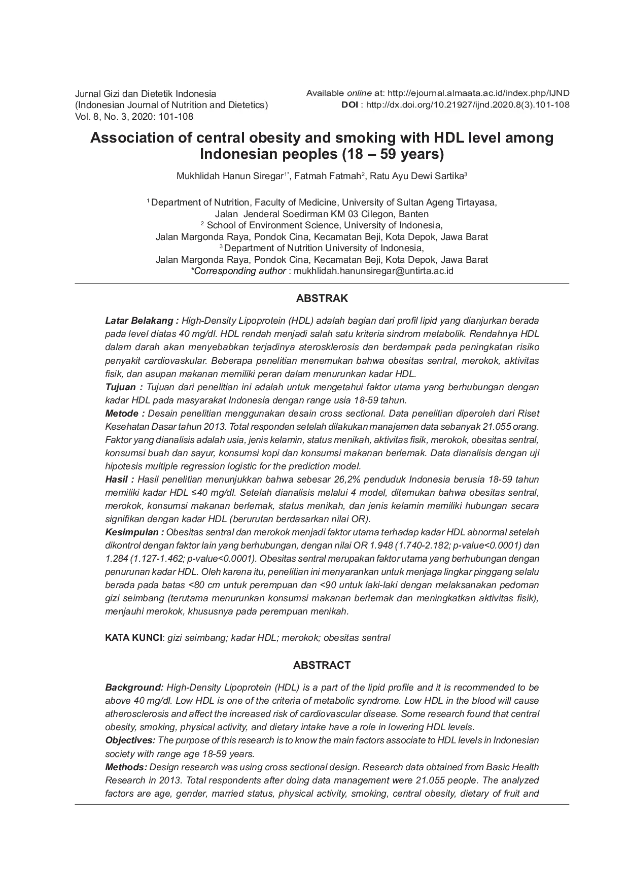 JURIS Association of Central Obesity and Smoking with HDL Level among Indonesian Peoples 18 59 Years