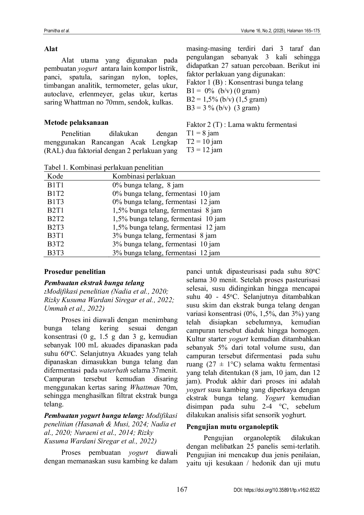 JURIS Karakteristik mutu organoleptik yogurt susu kambing etawa dengan variasi konsentrasi ekstrak bunga telang dan lama fermentasi Organoleptic quality of etawa goat milk yoghurt with varying concentratio