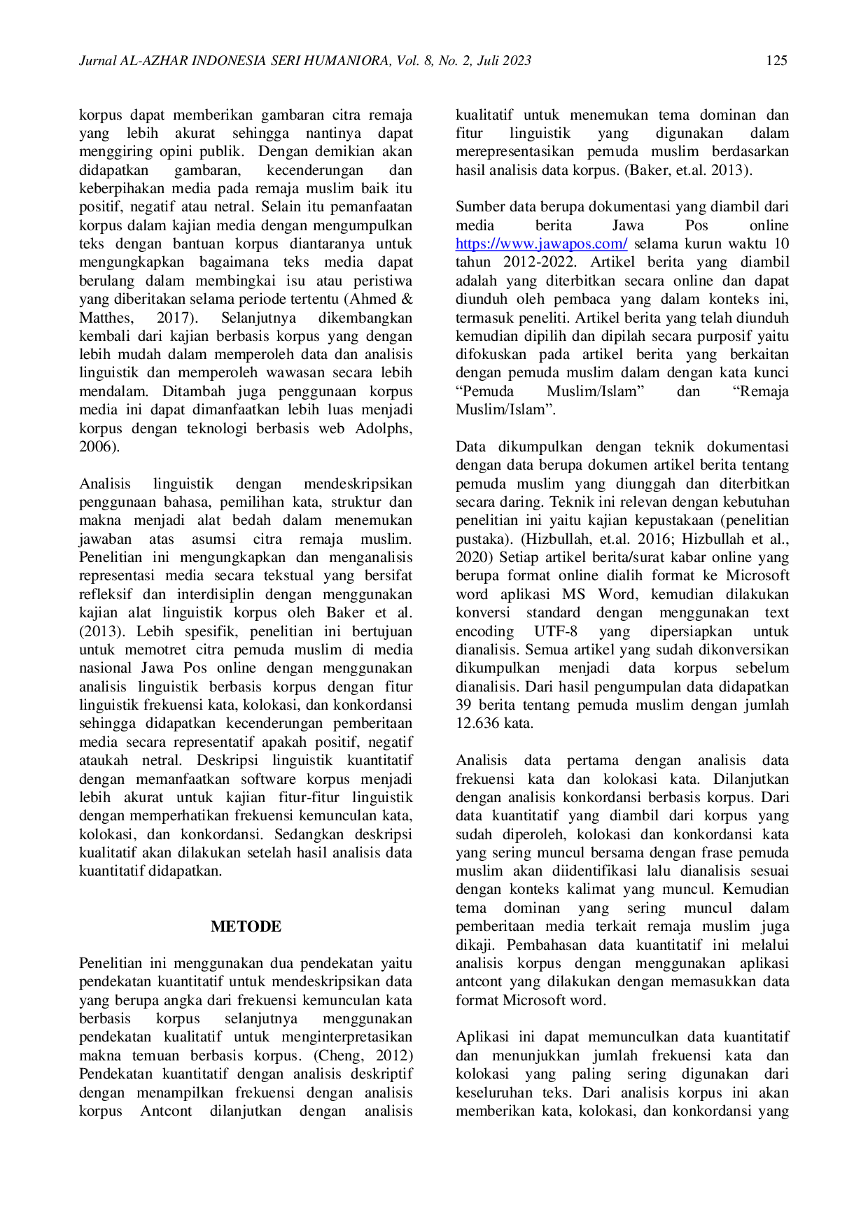 JURIS Citra Pemuda Muslim dalam Berita Jawa Pos Online Analisis Linguistik Korpus
