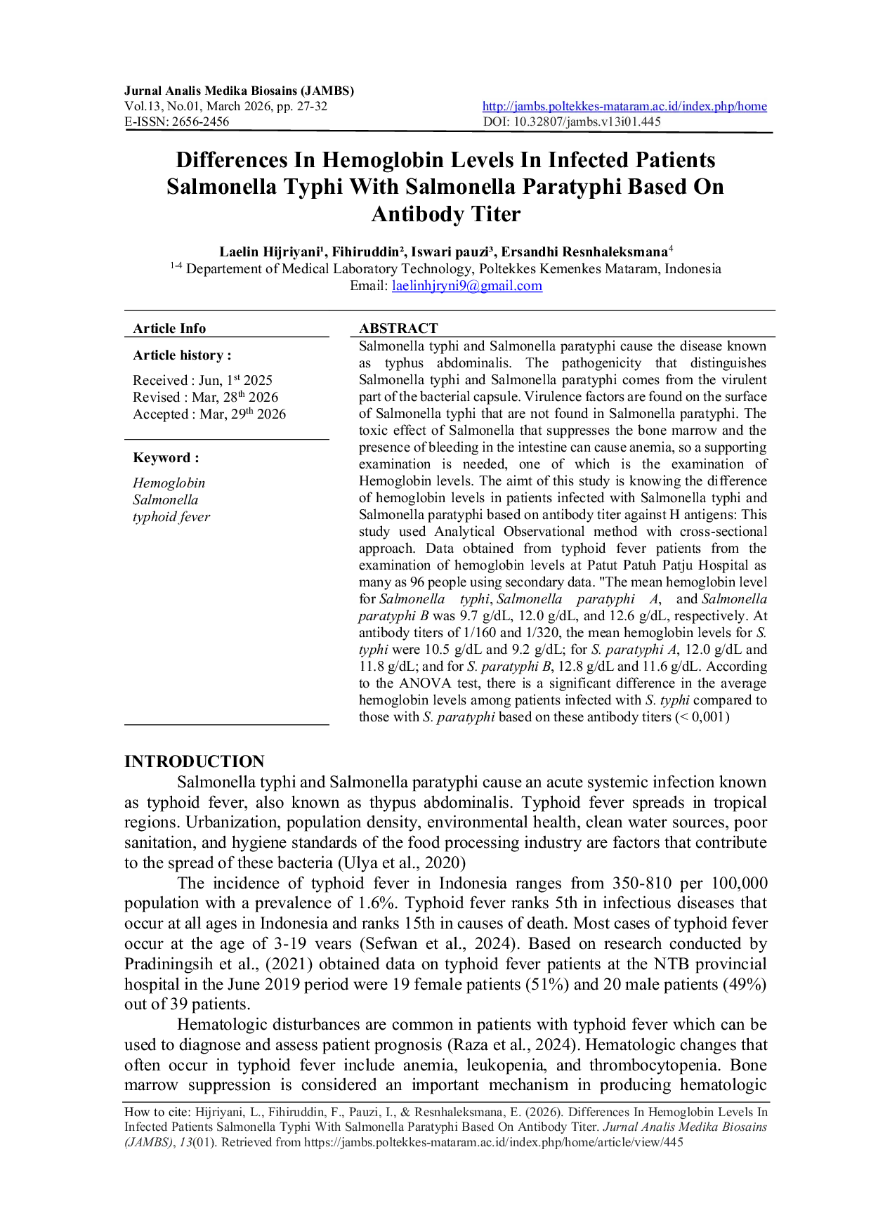 JURIS Differences In Hemoglobin Levels In Infected Patients Salmonella Typhi With Salmonella Paratyphi Based On Antibody Titer