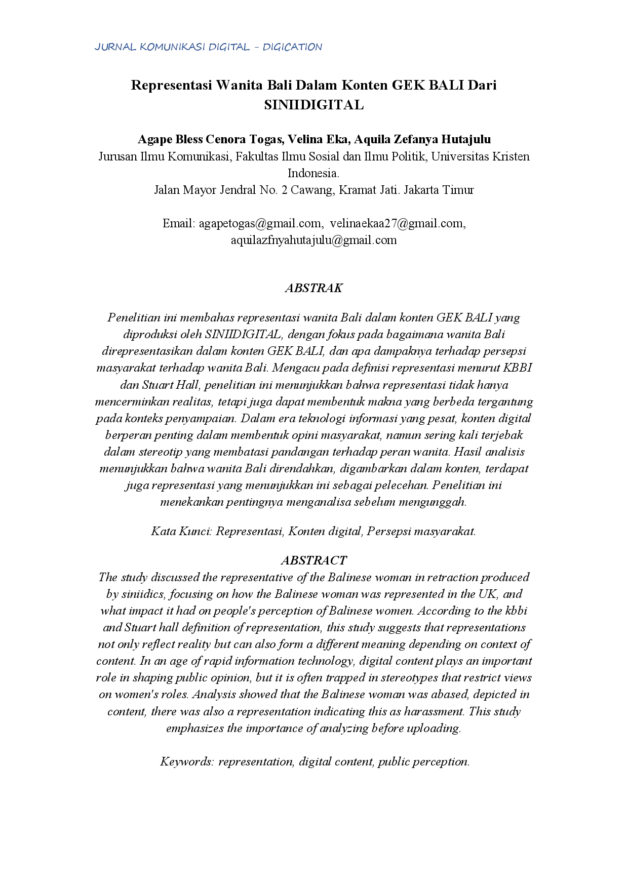 juris Representasi Wanita Bali Dalam Konten GEK BALI Dari SINIIDIGITAL