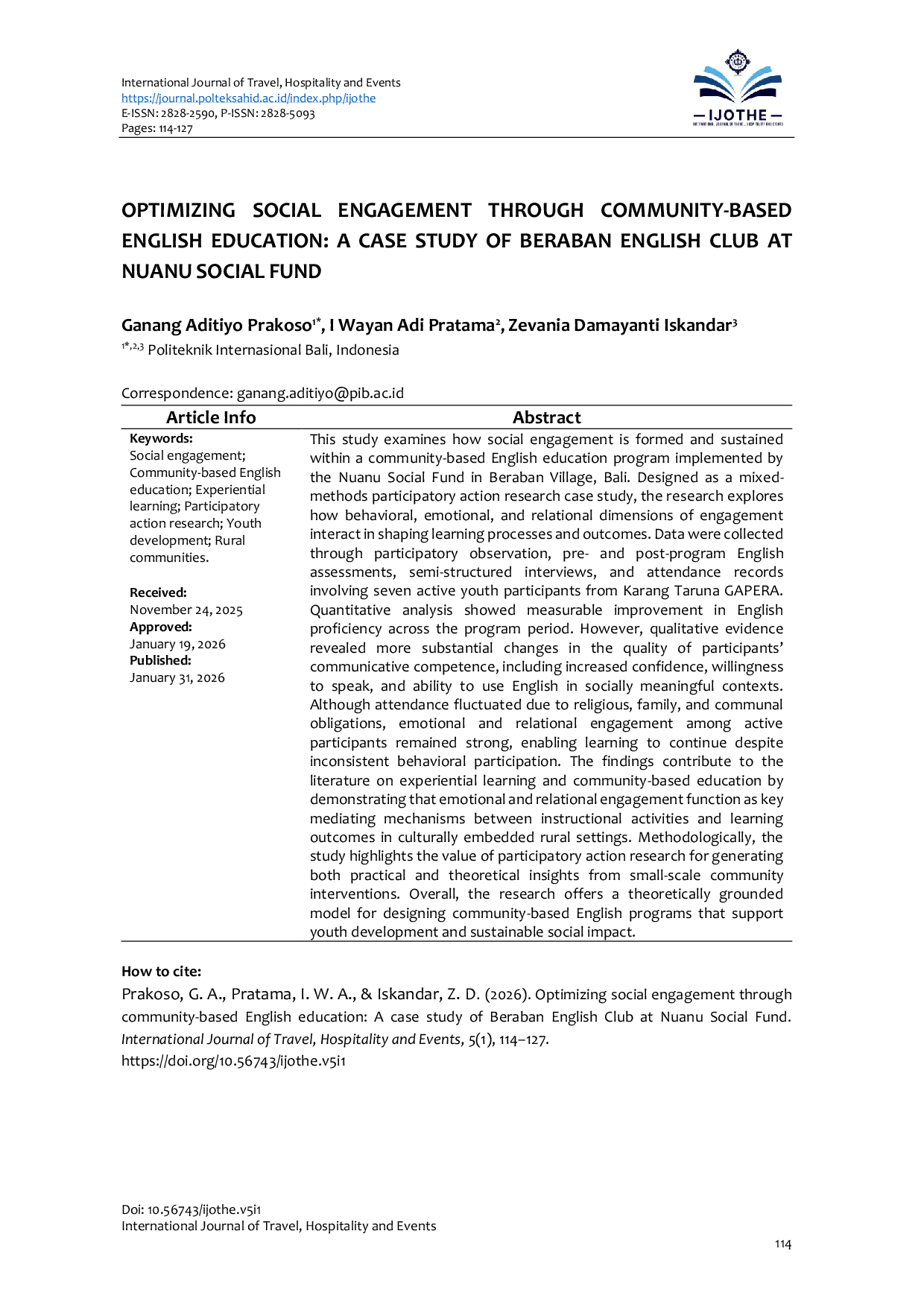 JURIS Optimizing Social Engagement Through Community Based English Education a Case Study of Beraban English Club at Nuanu Social Fund