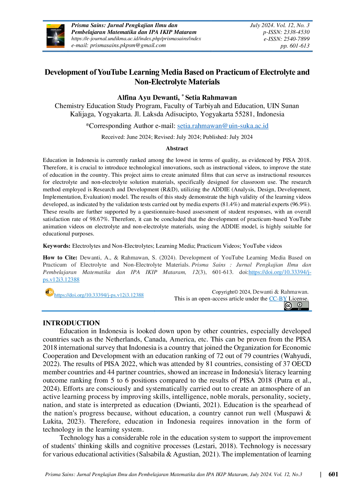 JURIS Development of YouTube Learning Media Based on Practicum of Electrolyte and Non Electrolyte Materials