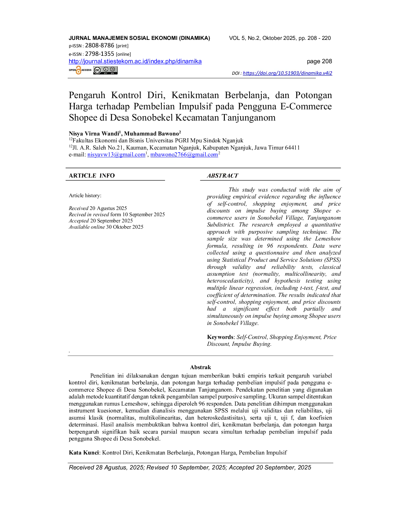JURIS Pengaruh Kontrol Diri Kenikmatan Berbelanja dan Potongan Harga terhadap Pembelian Impulsif pada Pengguna E Commerce Shopee di Desa Sonobekel Kecamatan Tanjunganom