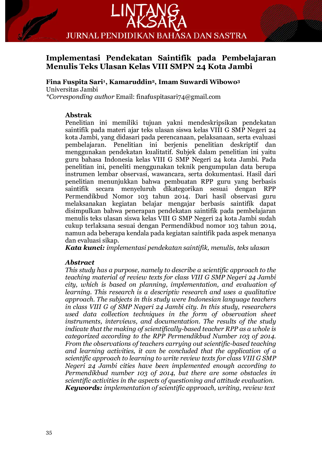 JURIS Implementasi Pendekatan Saintifik Pada Pembelajaran Menulis Teks Ulasan Kelas Viii Smpn 24 Kota Jambi