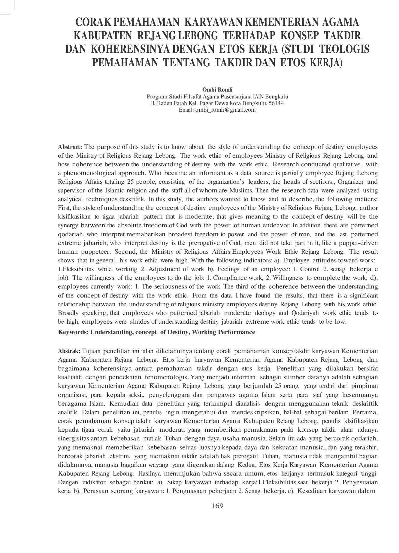 JURIS Corak Pemahaman Karyawan Kementerian Agama Kabupaten Rejang Lebong Terhadap Konsep Takdir dan Koherensinya dengan Etos Kerja Studi Teologis Pemahaman tentang Takdir dan Etos Kerja