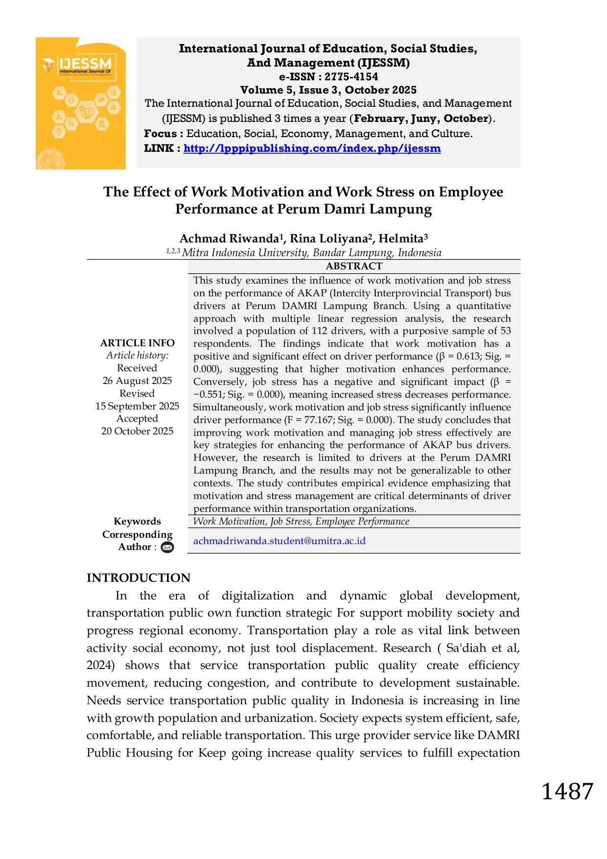JURIS The Effect of Work Motivation and Work Stress on Employee Performance at Perum Damri Lampung