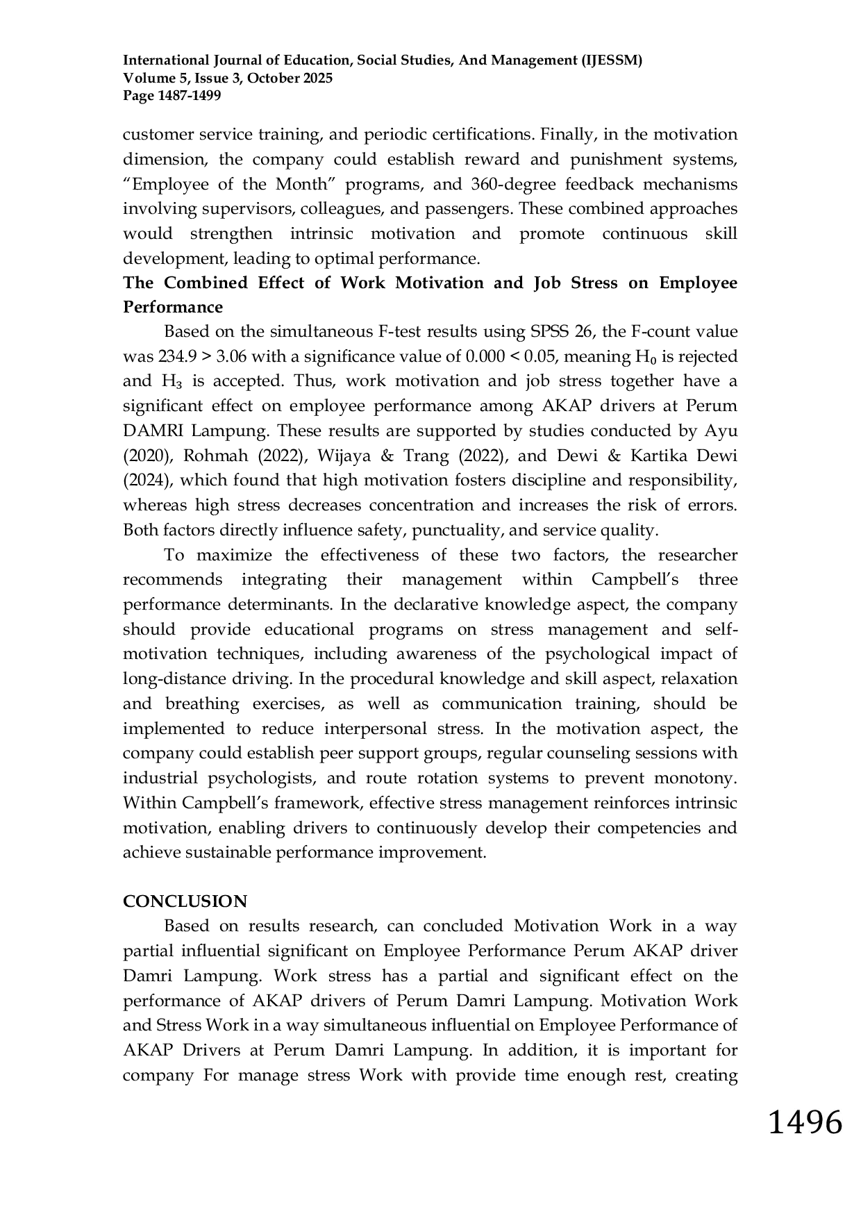 JURIS The Effect of Work Motivation and Work Stress on Employee Performance at Perum Damri Lampung