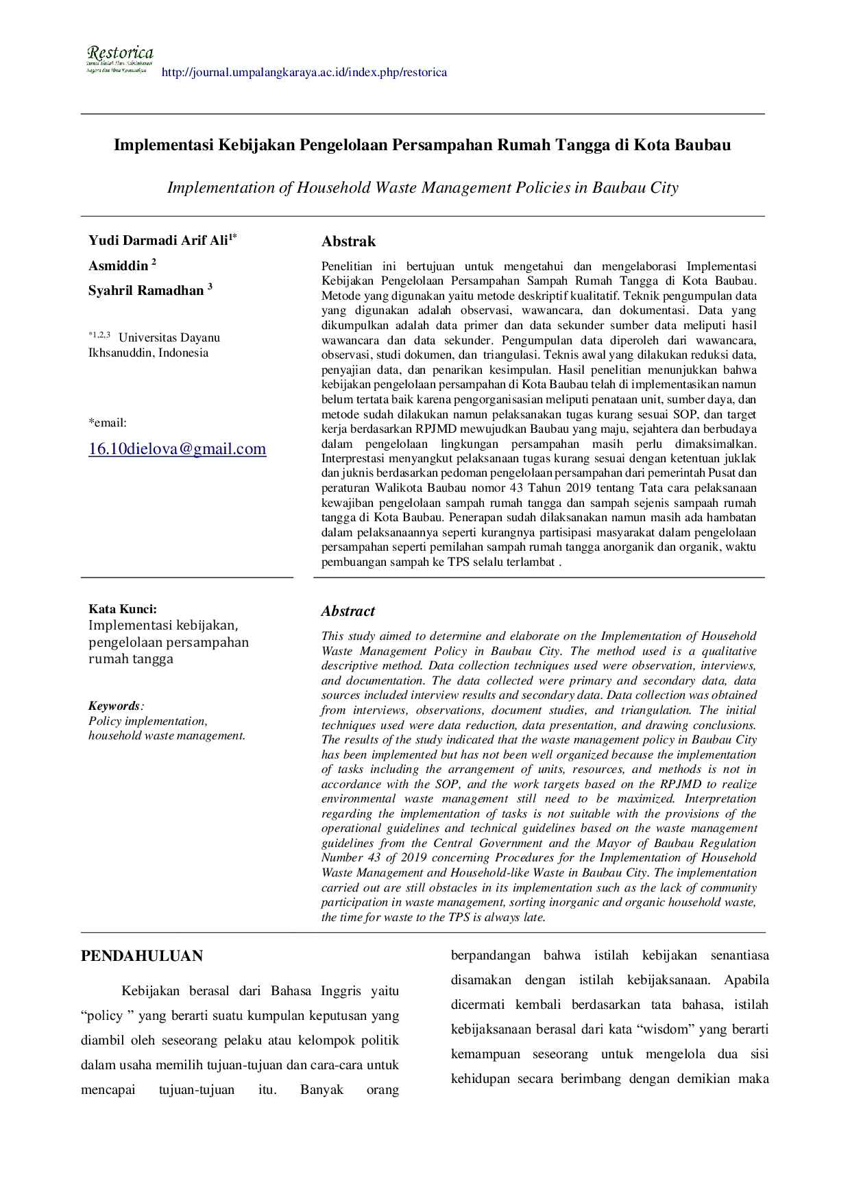 JURIS Implementasi Kebijakan Pengelolaan Persampahan Rumah Tangga di Kota Baubau