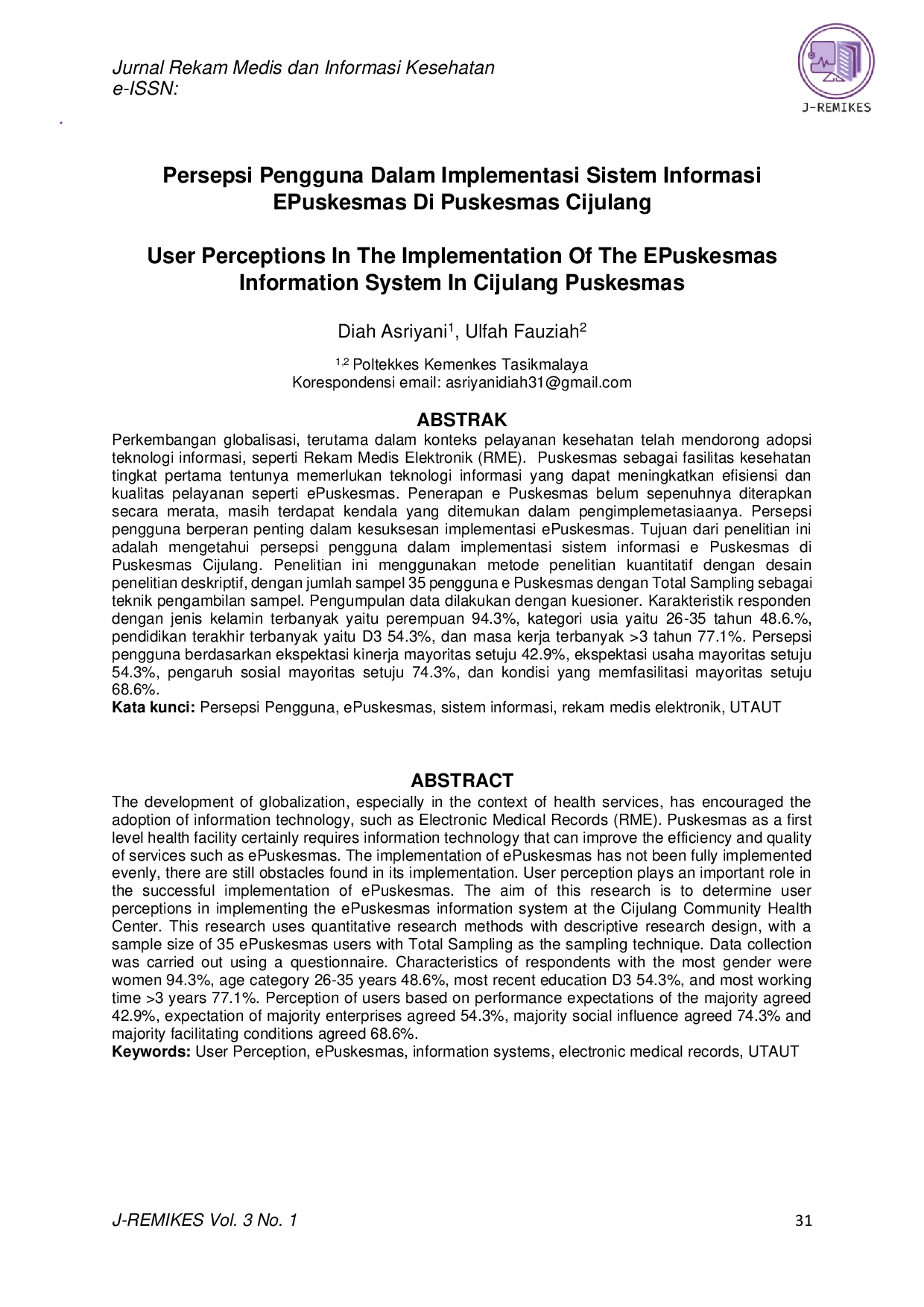 JURIS User Perceptions In The Implementation Of The EPuskesmas Information System In Cijulang Puskesmas