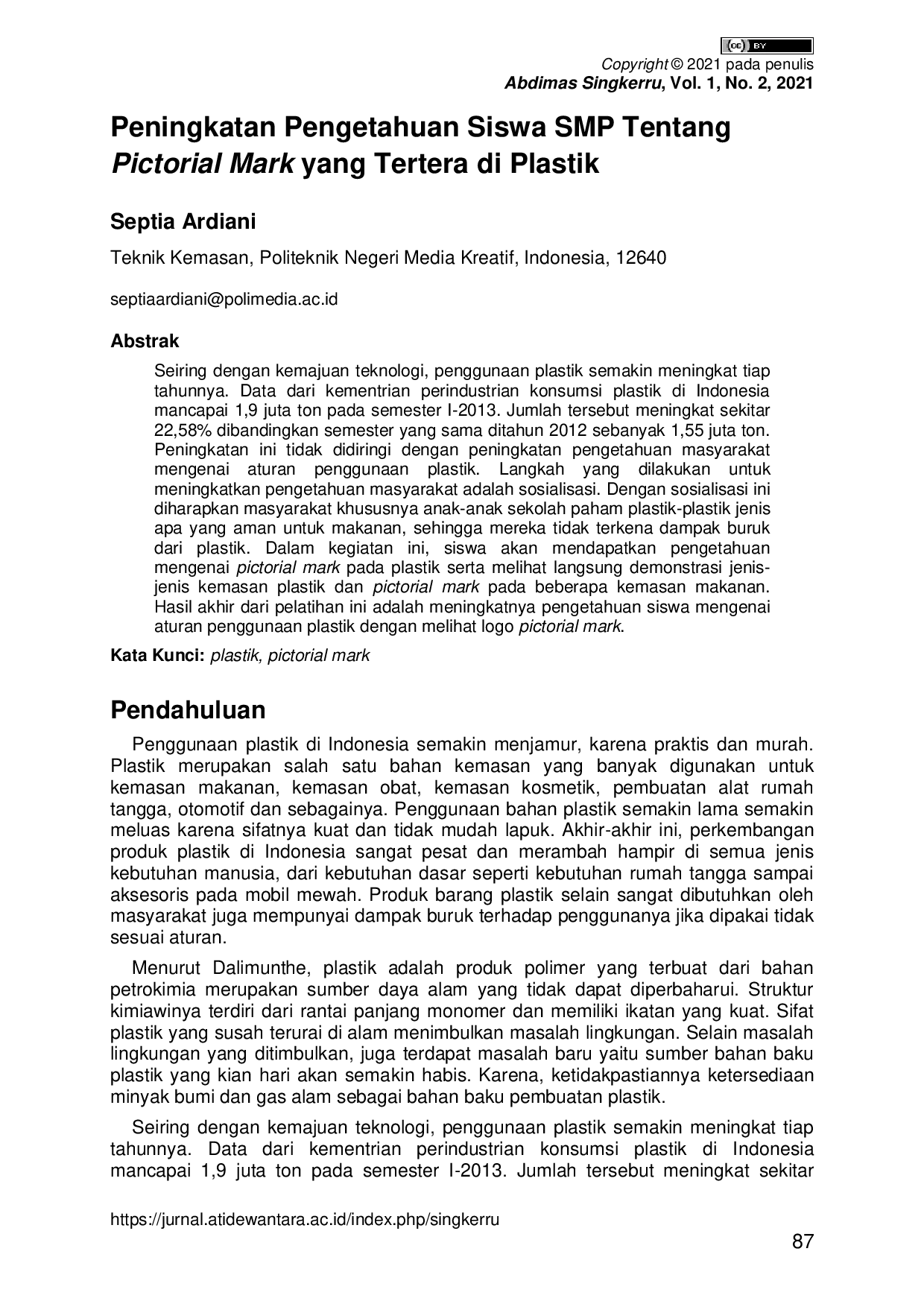 JURIS Peningkatan Pengetahuan Siswa SMP Tentang Pictorial Mark yang Tertera di Plastik